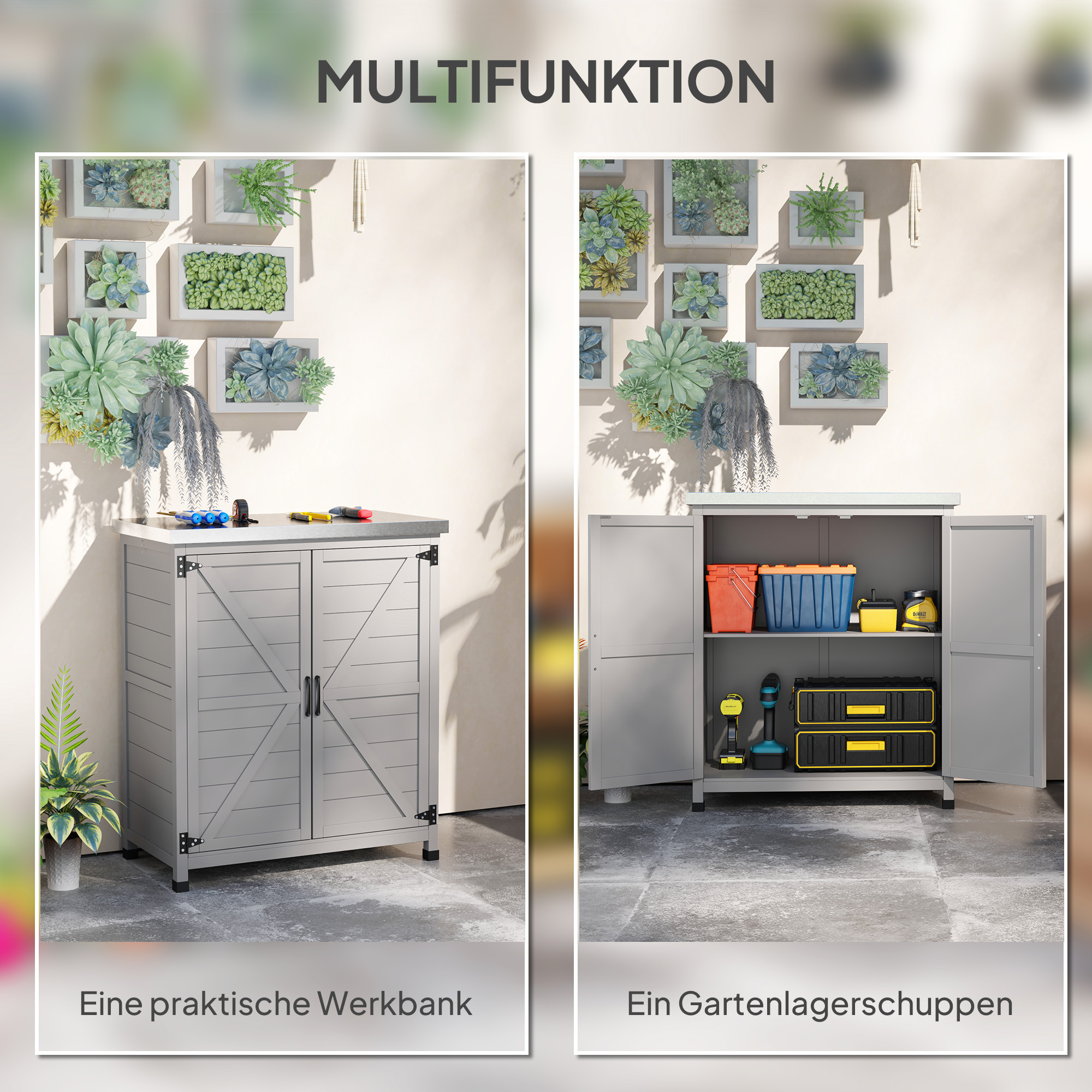 Gartenschrank, Außenschrank mit Arbeitsfläche, Werkzeugschrank, Massivholz, Stahl, 79B x 43T x 92H cm, Grau