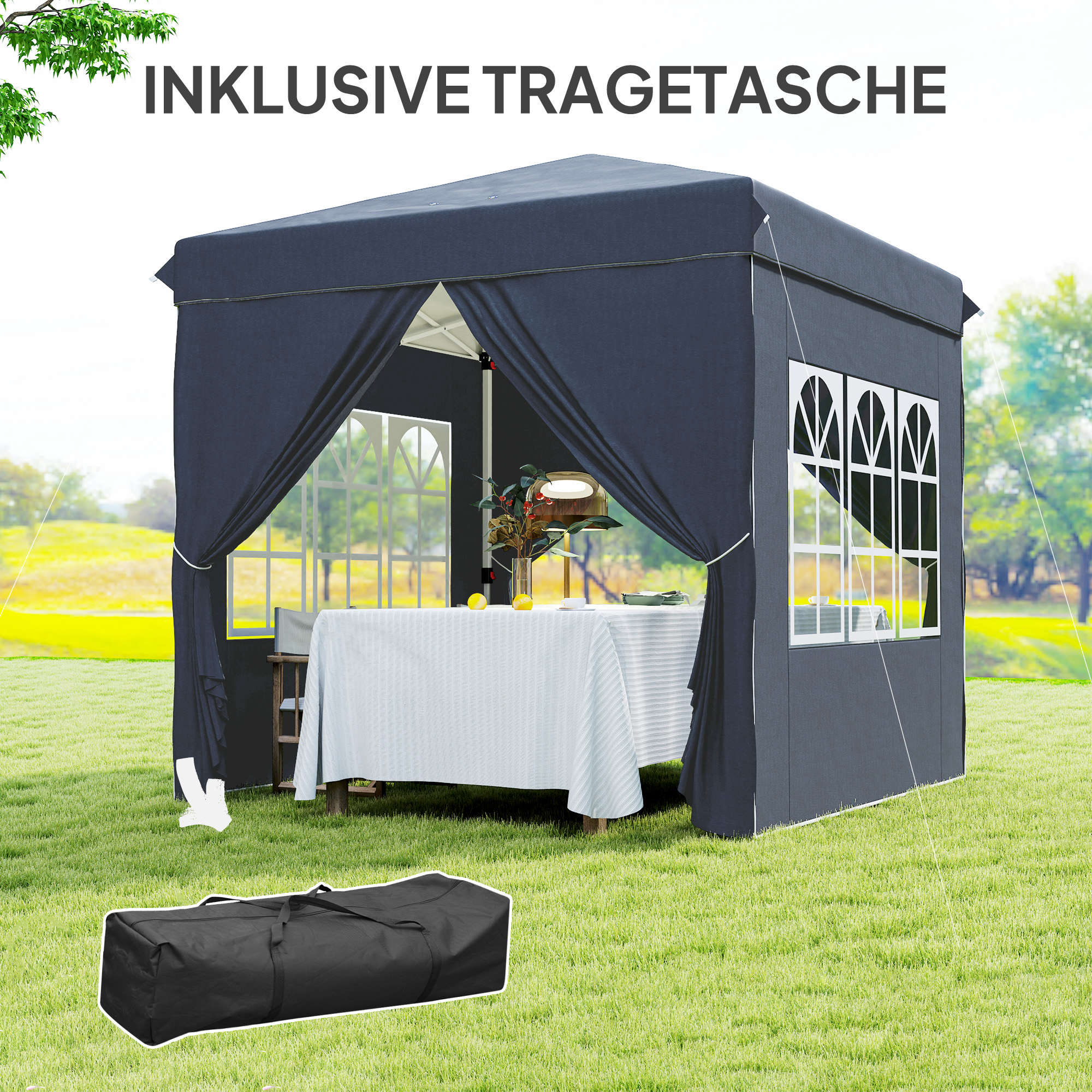 2,5 x 2,5 m Pop-up-Pavillon mit Seitenwänden und Tragetasche, UPF50+ höhenverstellbares Gartenzelt, Dunkelblau