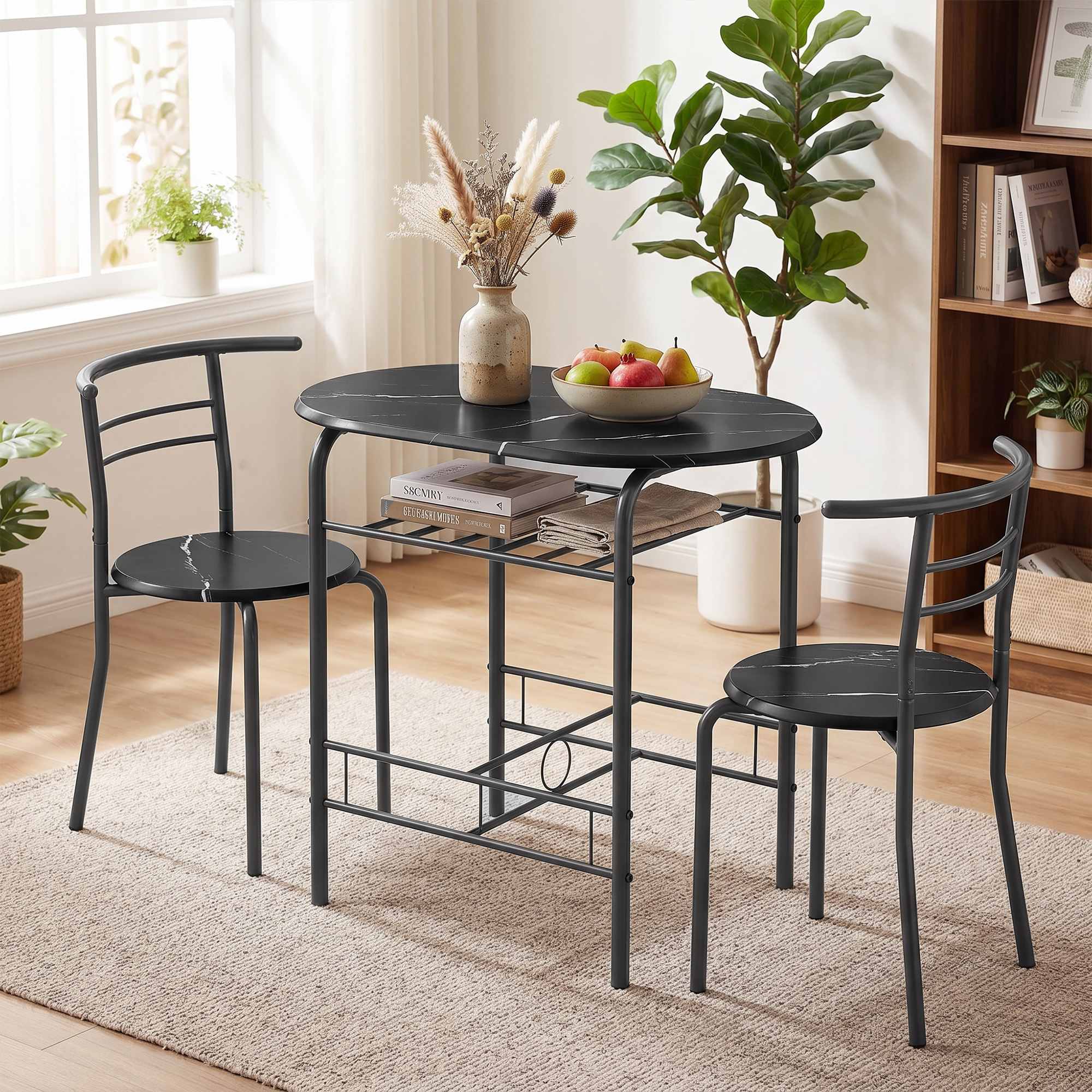 Essgruppe 3-teilig, Küchentisch und Stühle für 2 Personen mit Regal, Wohnzimmer, schwarze Marmor-Optik