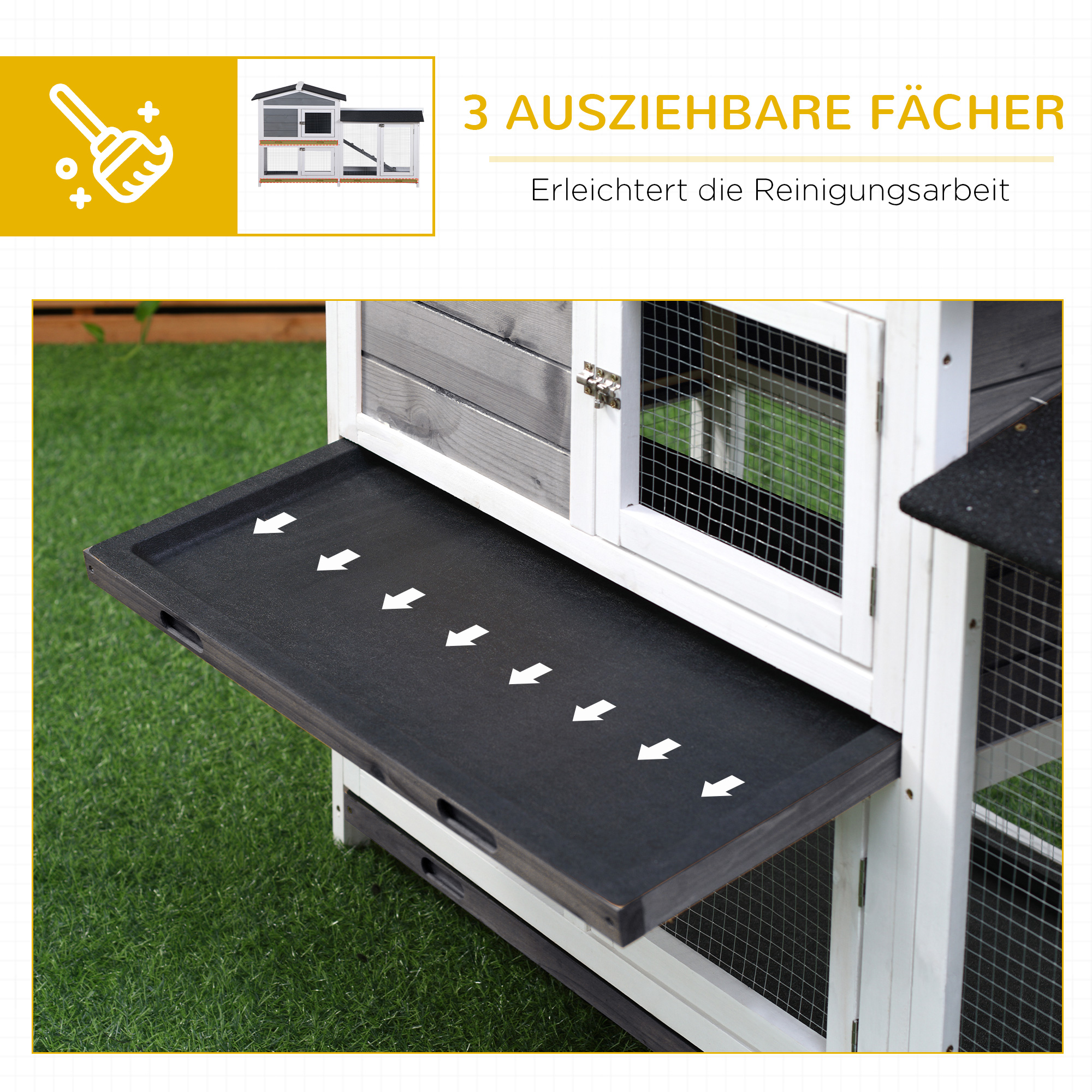 Hasenstall Kaninchenstall mit Freilaufgehege Rampe Kleintierstall aus Holz mit 2 Etagen Bodenwanne 157,4x53x93,5cm Grau