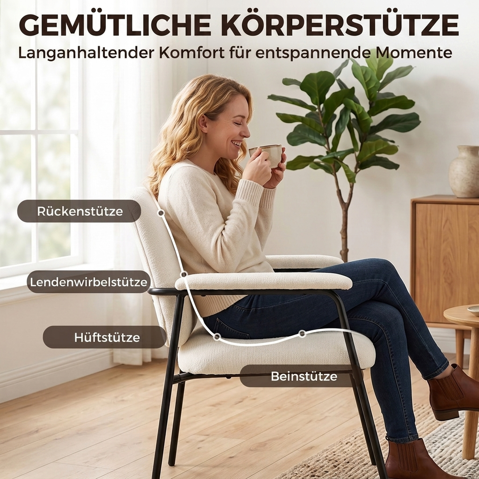 modernes 2er-Set Sessel, Chenille-Bezug, gepolsterte Armlehnen, Metallgestell, cremeweiß