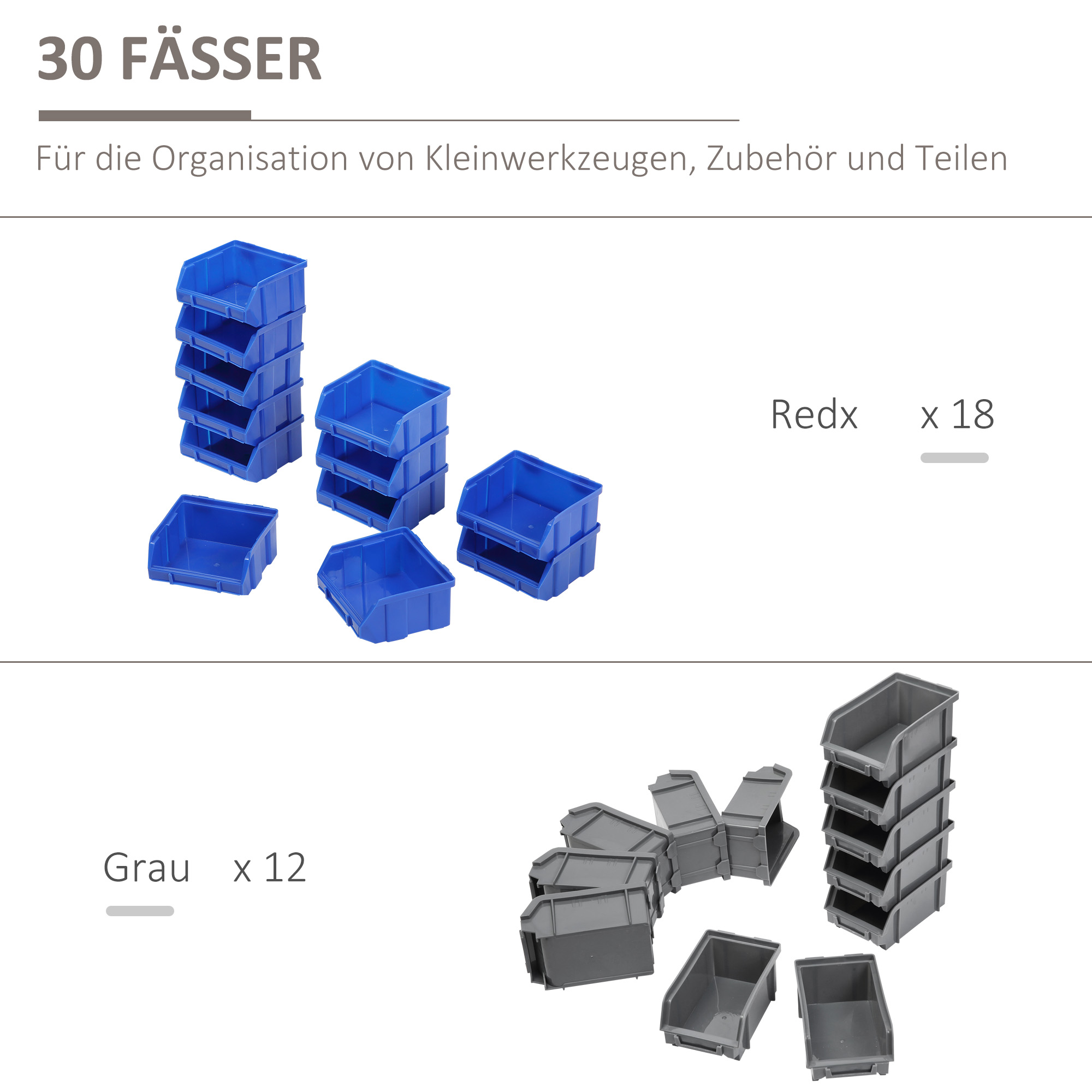 Schüttenregal, Werkstattmagazin, 30 Boxen in 2 Größen, stapelbar, 63x18x37,5cm, Blau