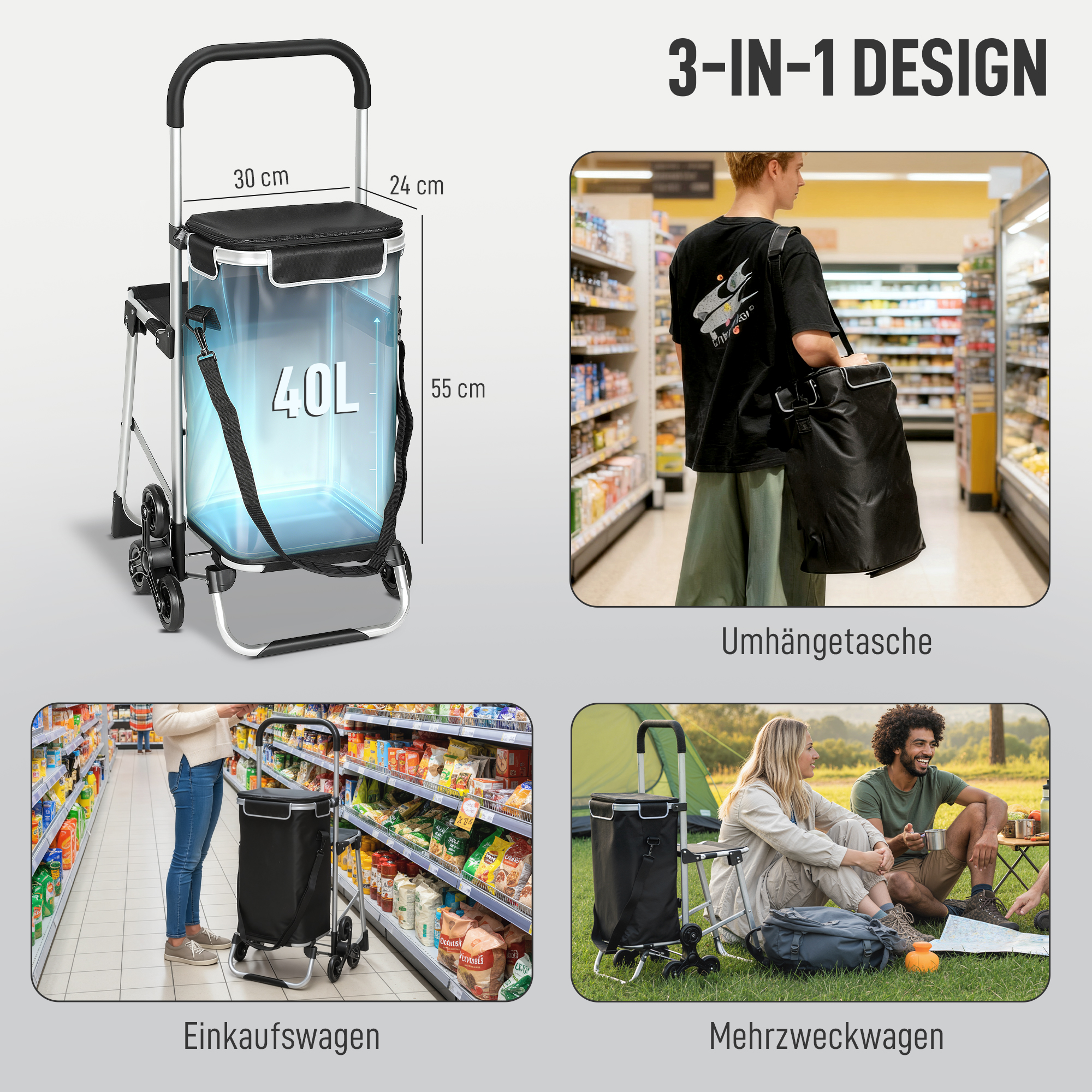 Einkaufstrolley, 40 L Oxford-Tasche, 3-Rad-Design, Aluminiumrahmen, Sitz, Grau