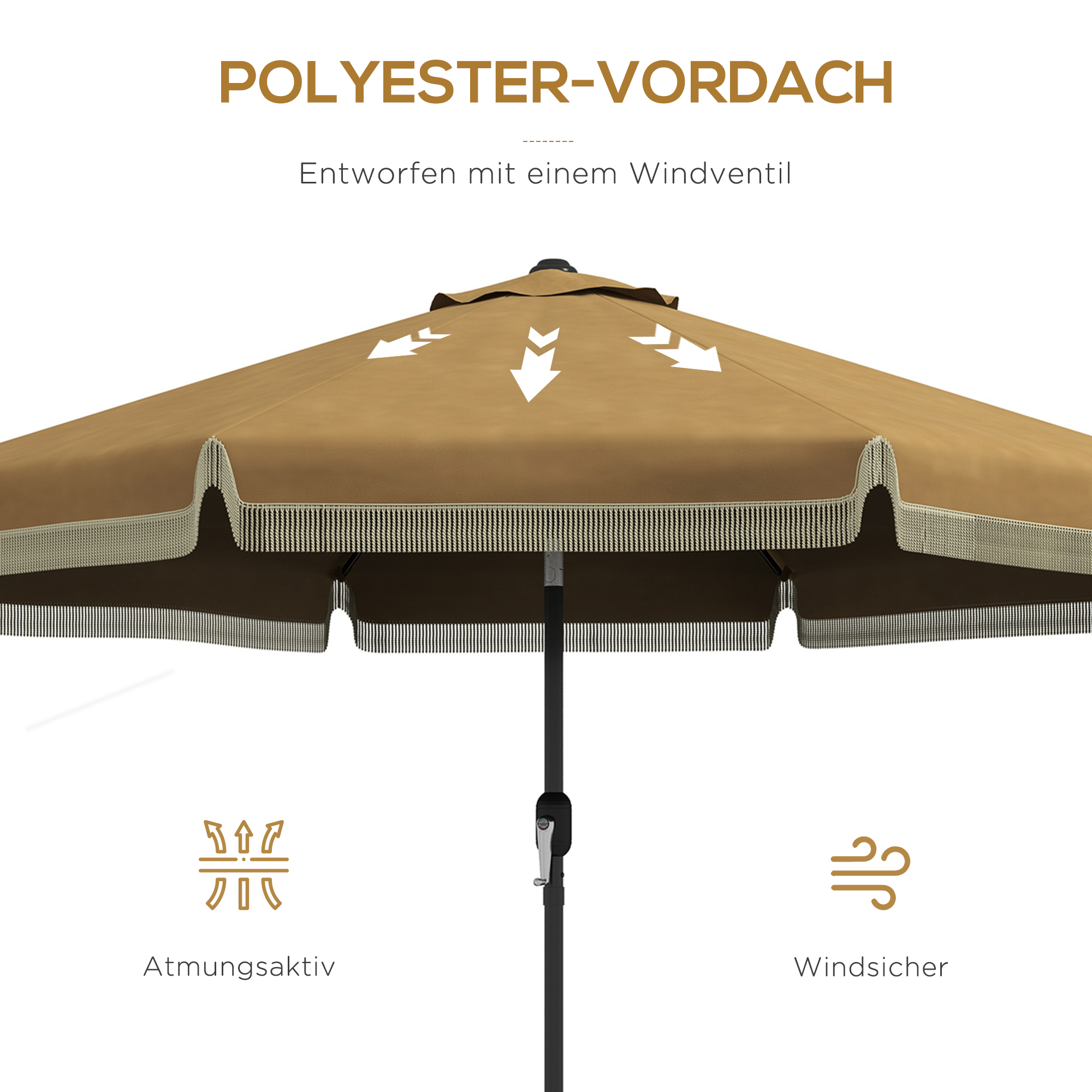 Sonnenschirm mit Fransendekor, Ø265 cm, neigbar, zweiteiliger Metallmast, Windhaube, Khaki/Schwarz