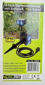 Gartensteckdose mit Erdspieß, 4-fach / IP44, 10m Kabel