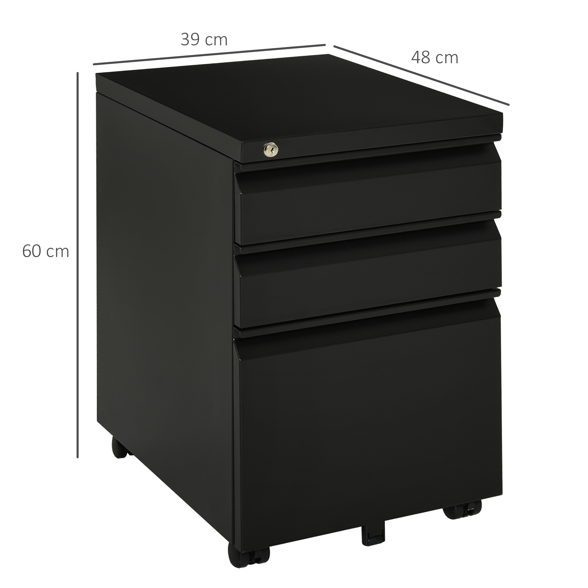 Rollcontainer, 3 Schubladen, 5 Räder, Hängeregister, abschließbar, Stahl, schwarz 39 x 48 x 60 cm