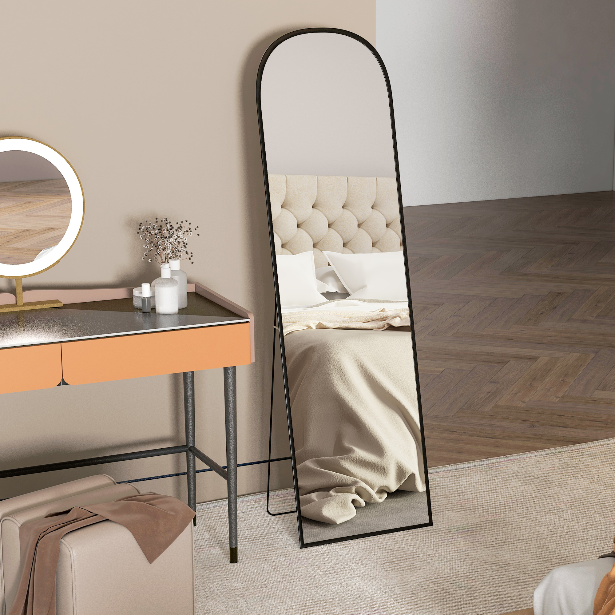Standspiegel, Ganzkörperspiegel, modernes Design, 50 cm x 1,5 cm x 161,5 cm, Schwarz