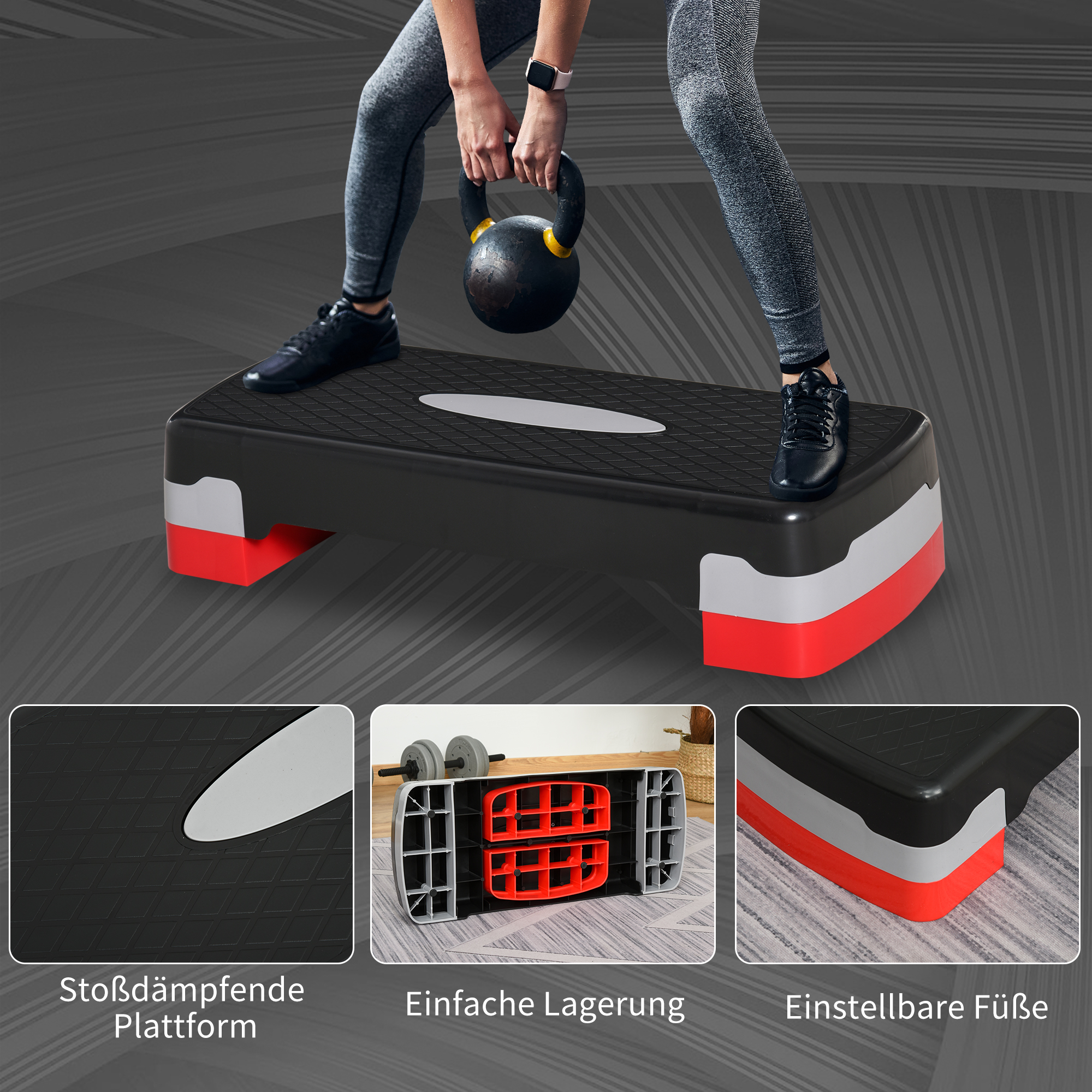 Aerobic-Stepper 2-stufig höhenverstellbar 68 x 28 x 15 cm Schwarz+Grau+Rot