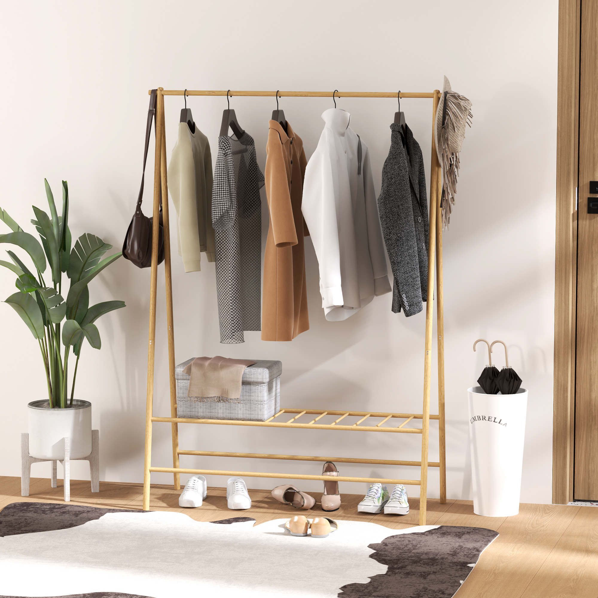 Bambus-Kleiderständer mit Schuhregal und Haken, freistehend, für Eingangsbereich, Schlafzimmer, Naturholz
