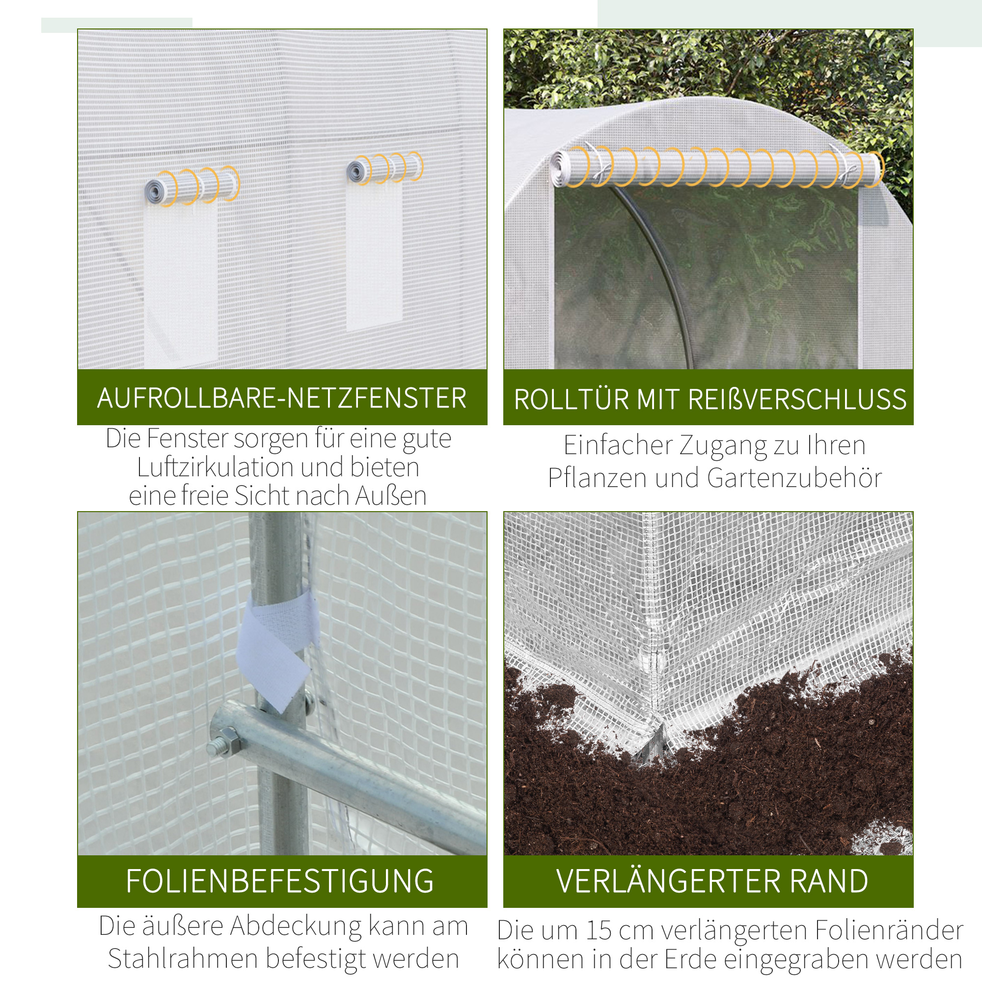 Gewächshaus 350x200x200cm Foliengewächshaus Tomatenhaus mit Tür, Fenster, Folientunnel aus verzinktem Stahl, Pflanztunnel, Treibhaus inkl. Erdanker Seilen, Gartentunnel, Weiß