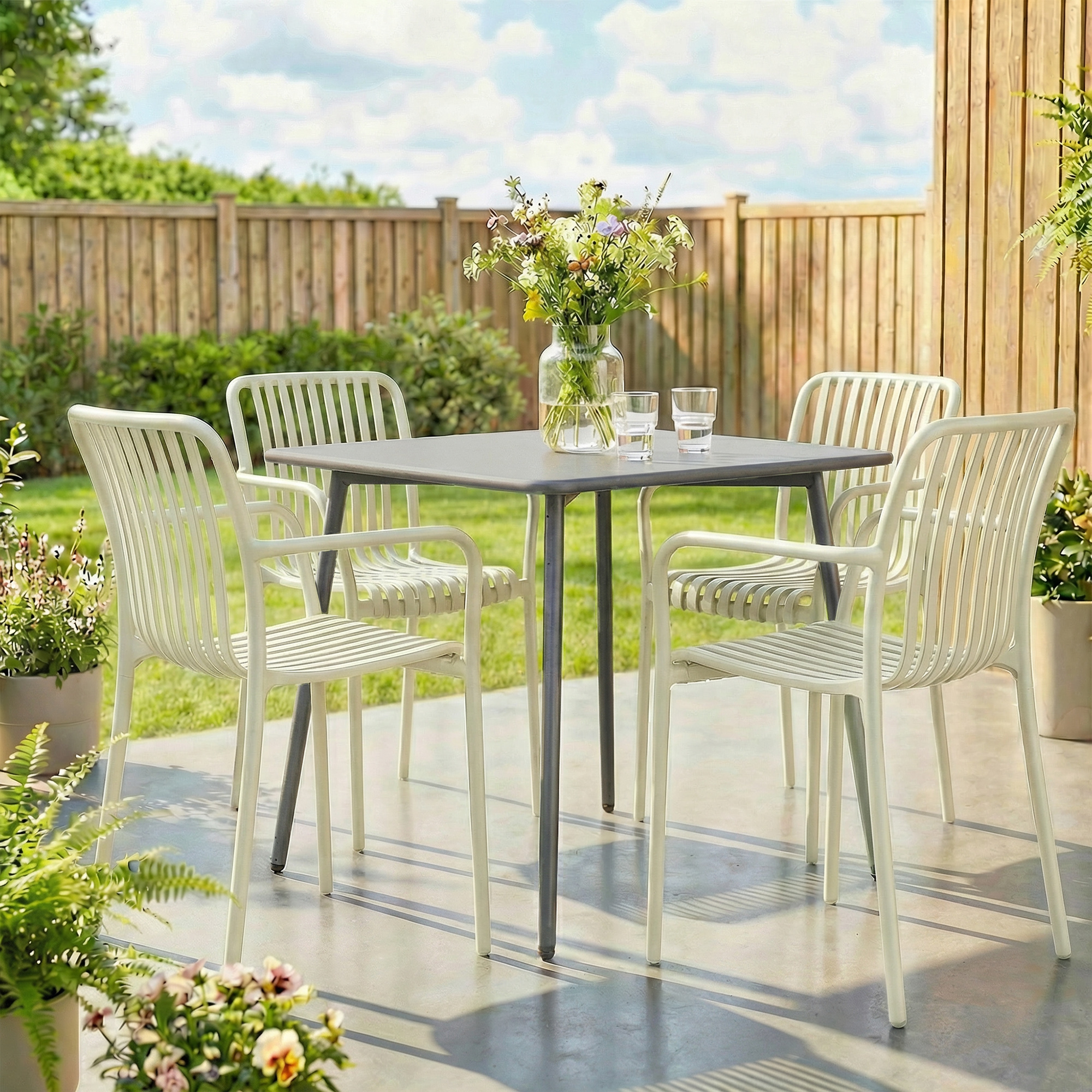 Gartenstühle 4er Set Stapelbare Terrassenstühle mit Lamelldesign Armlehnen, Ergonomisch Cremeweiß
