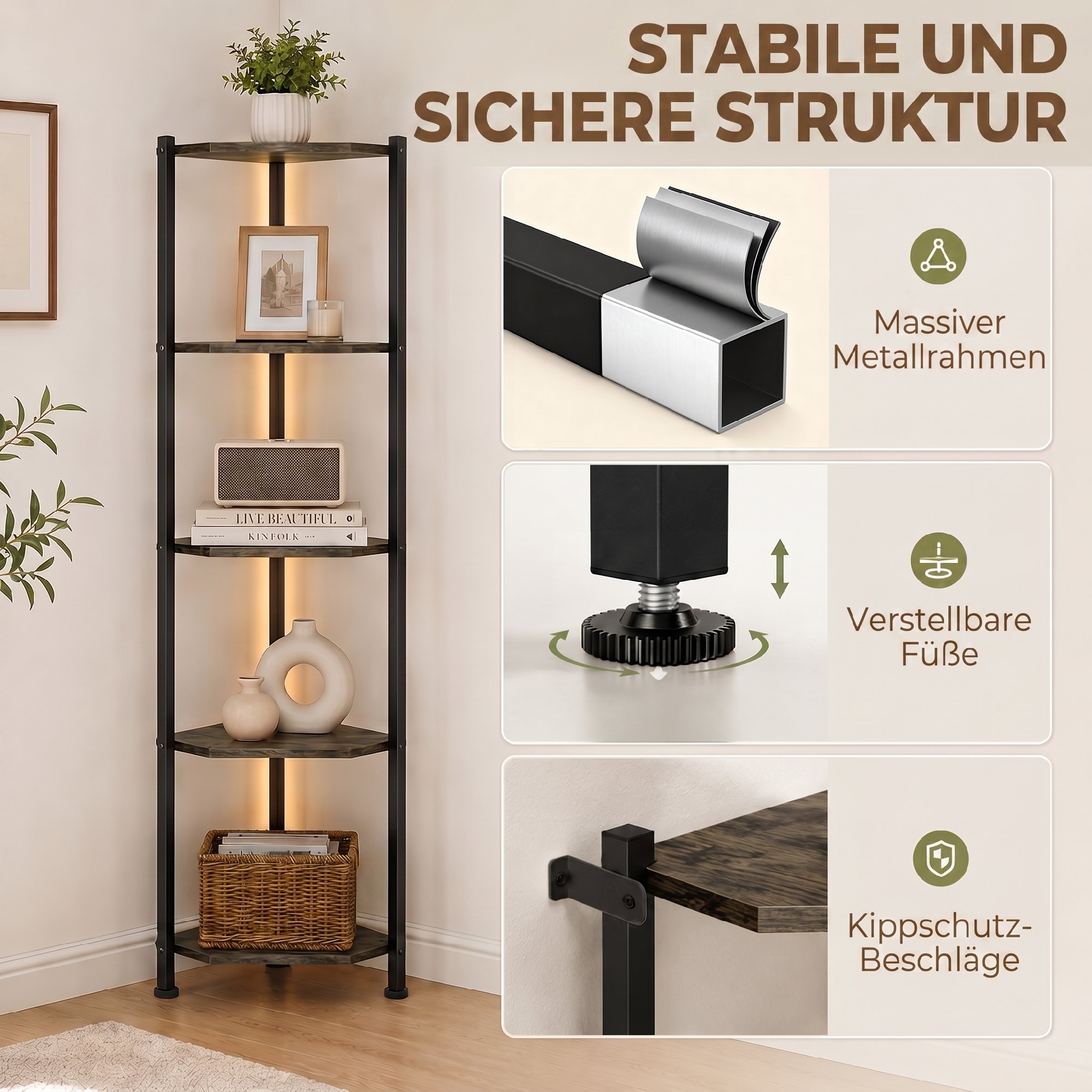 Bücherregal 5-stöckiges Eckregal mit LED-Beleuchtung für Wohnzimmer, Schlafzimmer, Büro, Rustikal Braun
