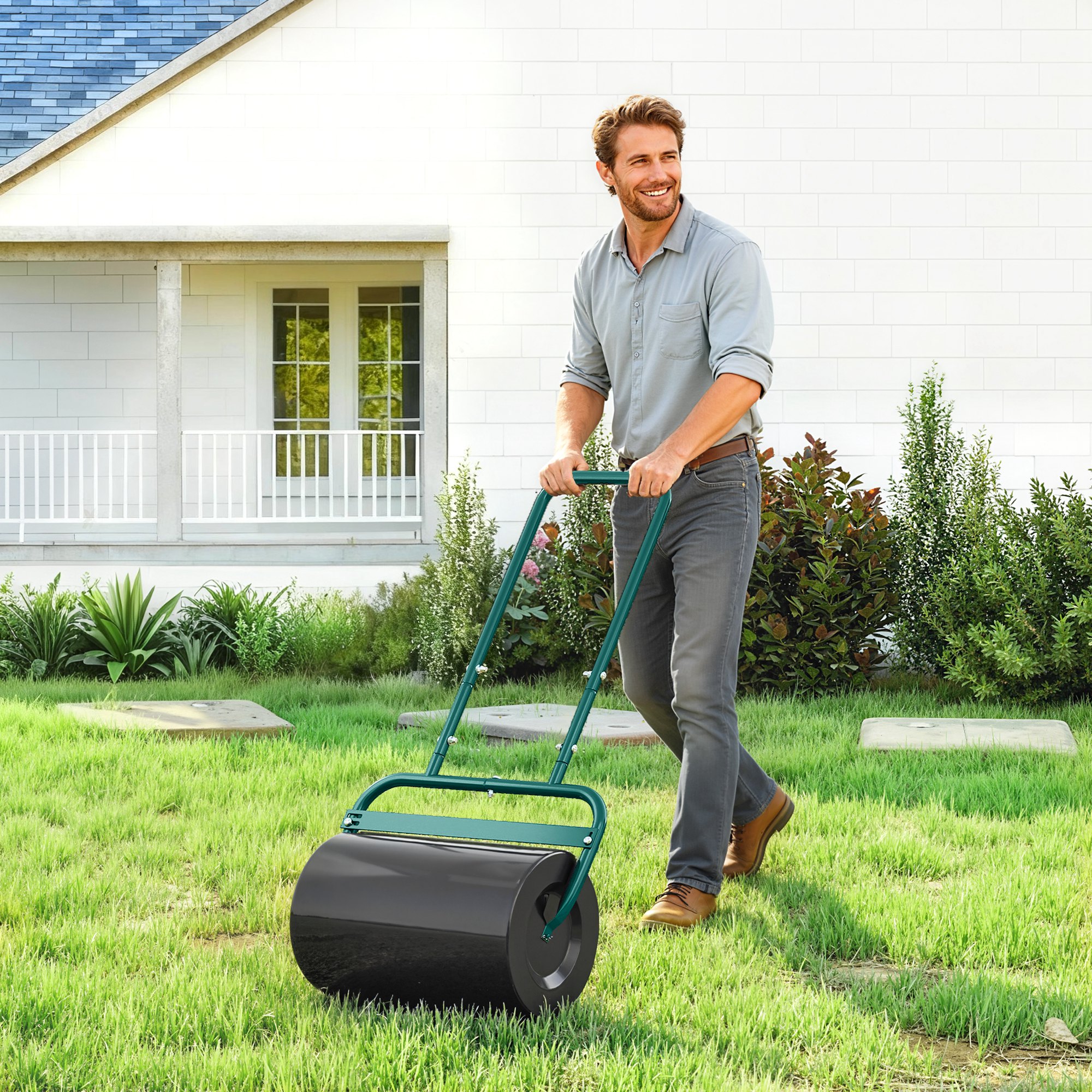 Handliche Rasenwalze, Praktische Rasenrolle, Graswalze, Gartenwalze, flexibel, Stahl, 58L x 32,5B x 113H cm, Dunkelgrün