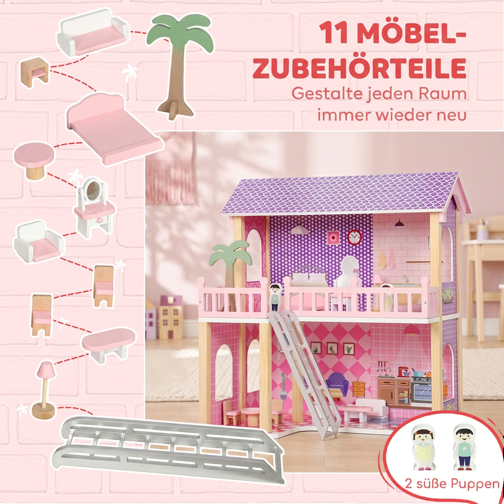 Puppenhaus 69 cm Hoch 2-stöckig mit 2 Puppen 11 Möbeln Leiter Balkon Groß für Mädchen von 3-6 Jahren Rosa