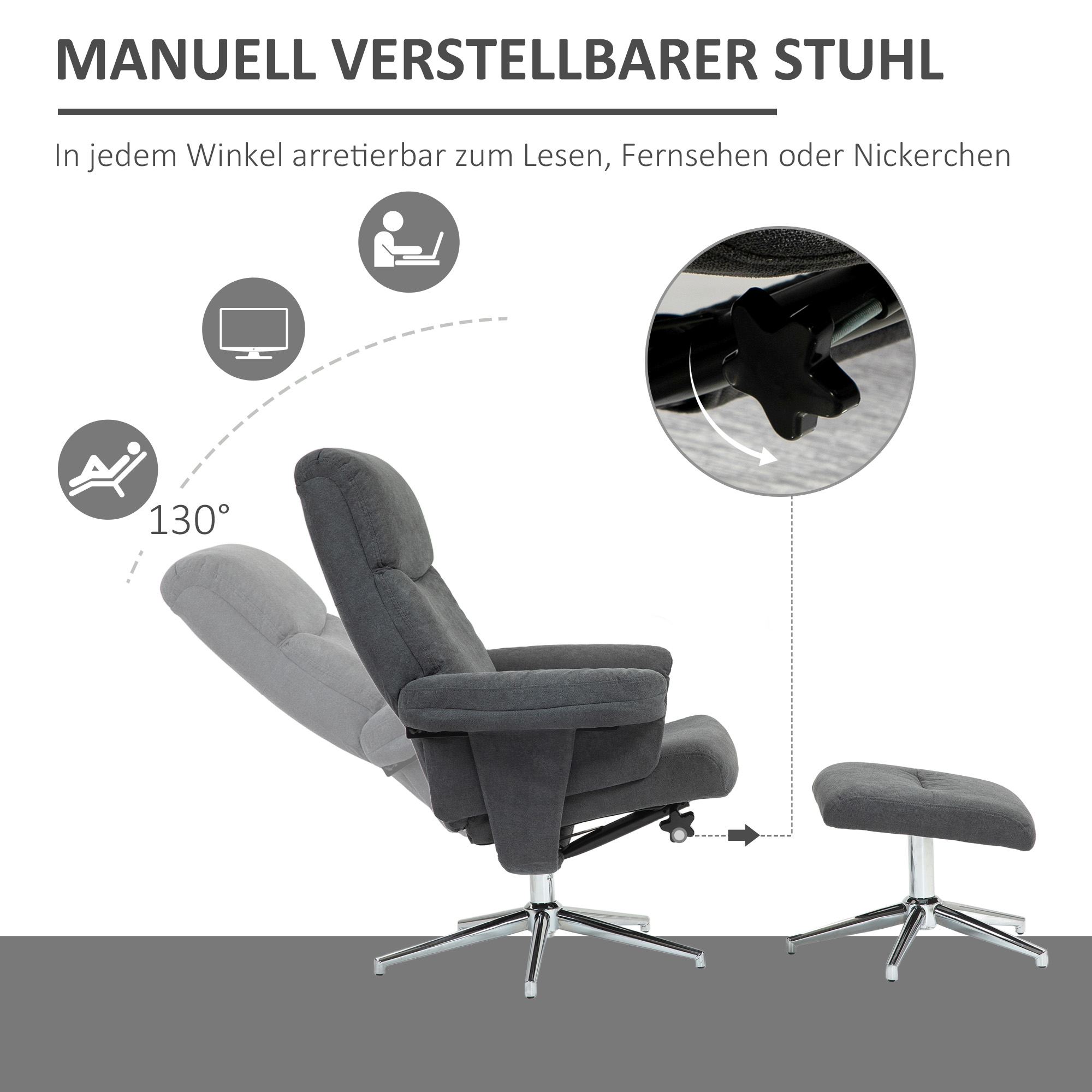 Relaxsessel mit Hocker, verstellbare Rückenlehne, Samtoptik, bis 150 kg, Anthrazit