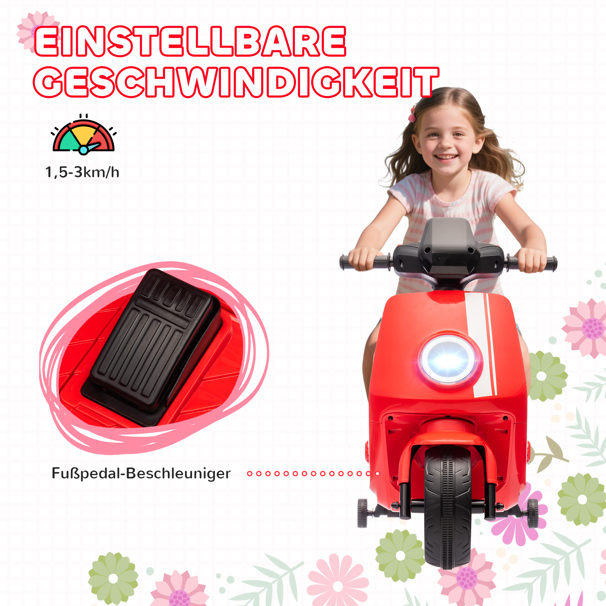 6V Elektro-Motorrad für Kinder, mit Scheinwerfer und Musik, Vor- und Rückwärtsgang, Trainingsräder, 18-36 Monate, Rot