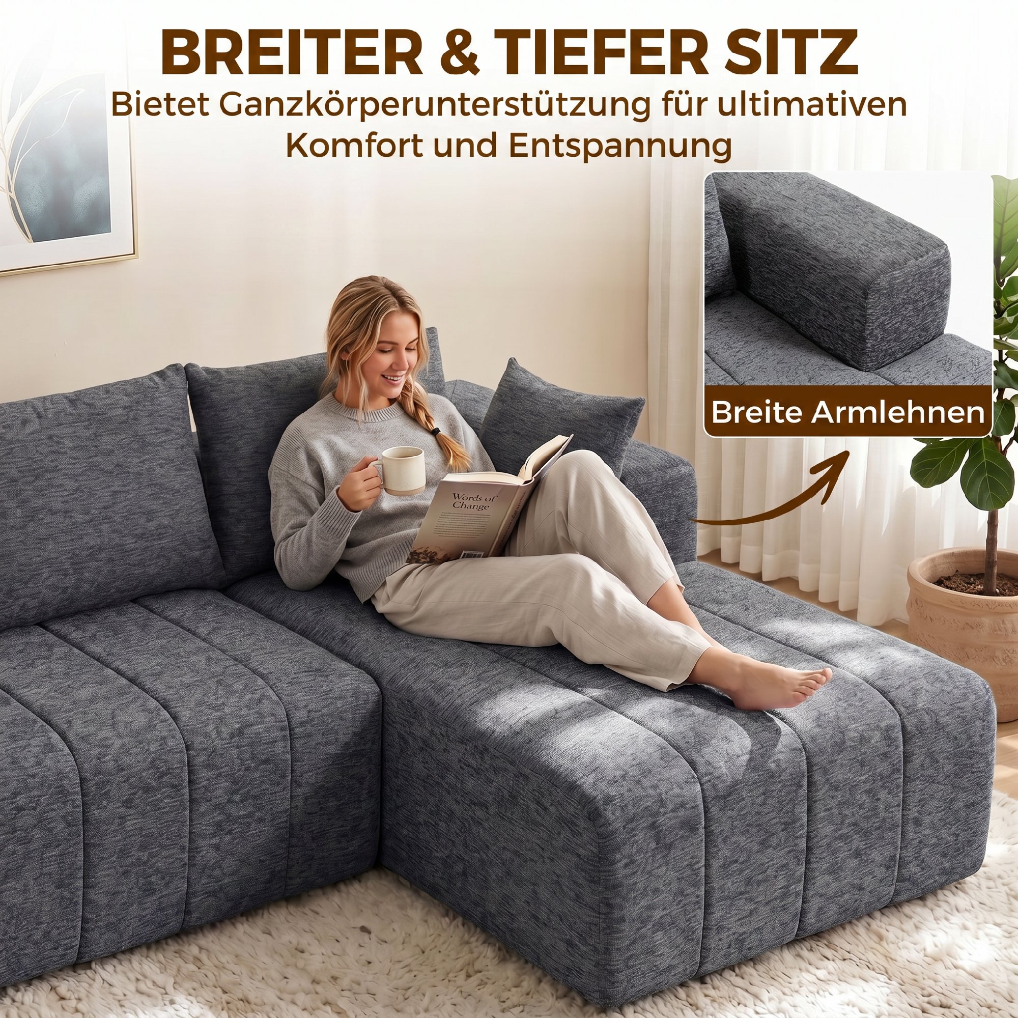 3-Sitzer Ecksofa in L-Form mit Ottomane, wandelbares Chenille-Cloud-Schlafsofa mit Federkernpolsterung, Grau