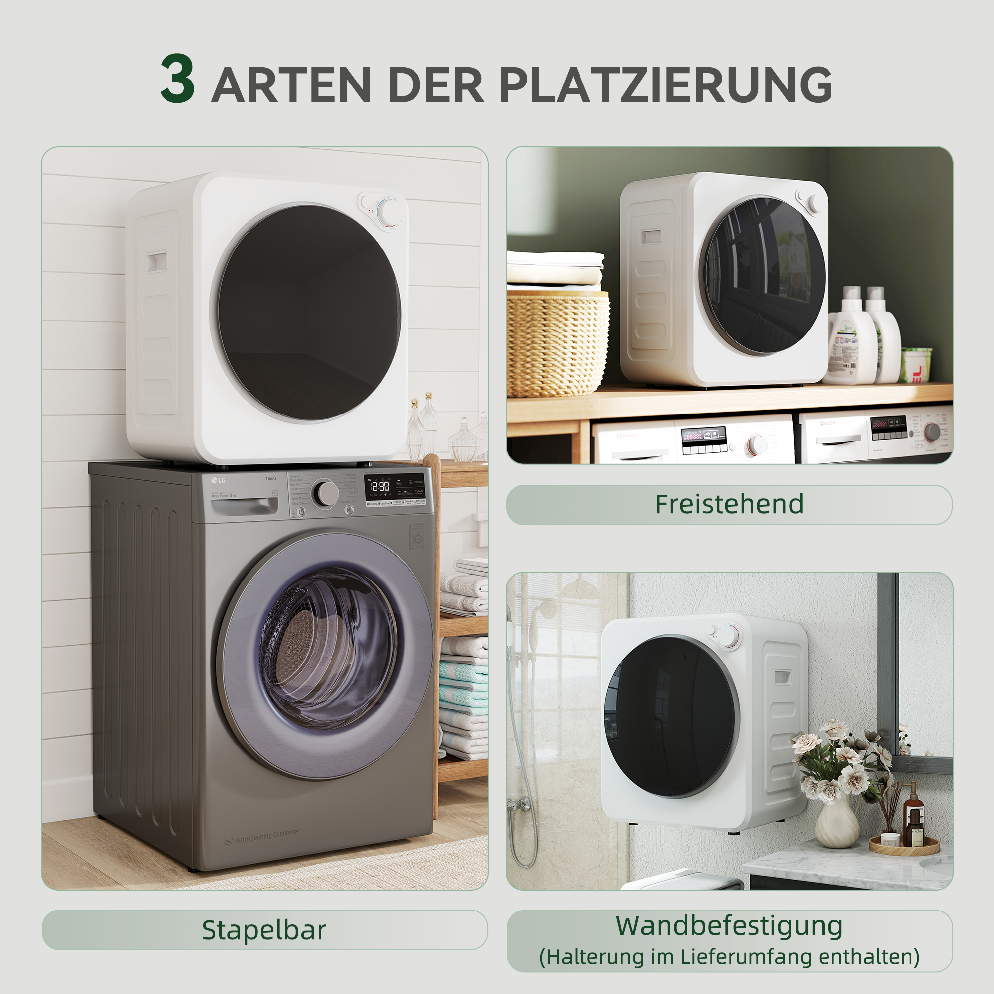Mini Wäschetrockner 4kg mit 5 Programme bis zu 60? 800W/400W Ablufttrockner mit reversibl Edelstahltrommel Weiß