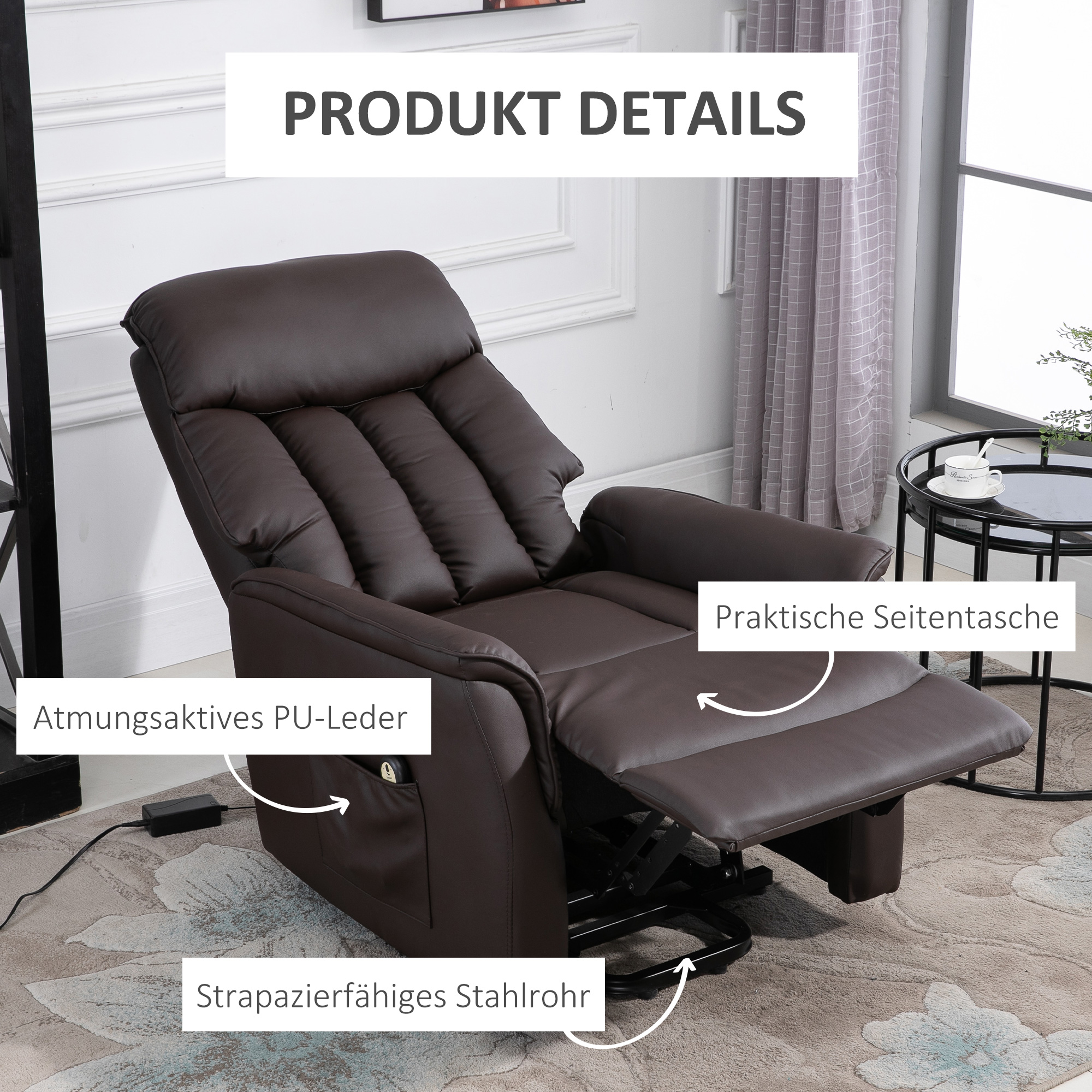 Relaxsessel Elektrisch Fernsehsessel mit Aufstehhilfe, Liegefunktion, TV Sessel mit Fußteil, Seitentasche, Fernbedienung, für Wohnzimmer, bis 150 kg, Kunstleder, Braun
