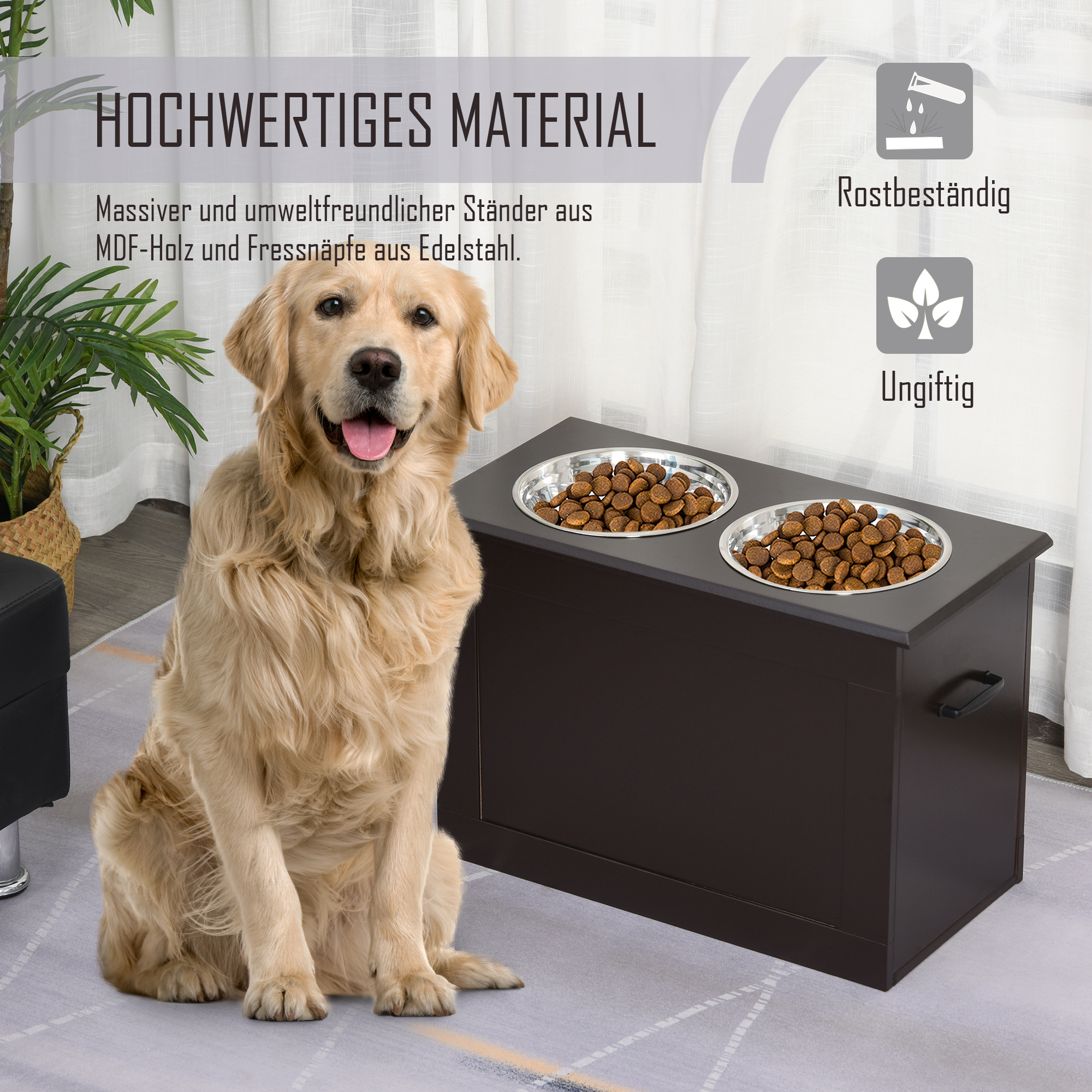 Futterstation, 2 Fressnäpfe aus Edelstahl, versteckter Stauraum, 60 cm x 30 cm x 41 cm, Schwarz + Silber