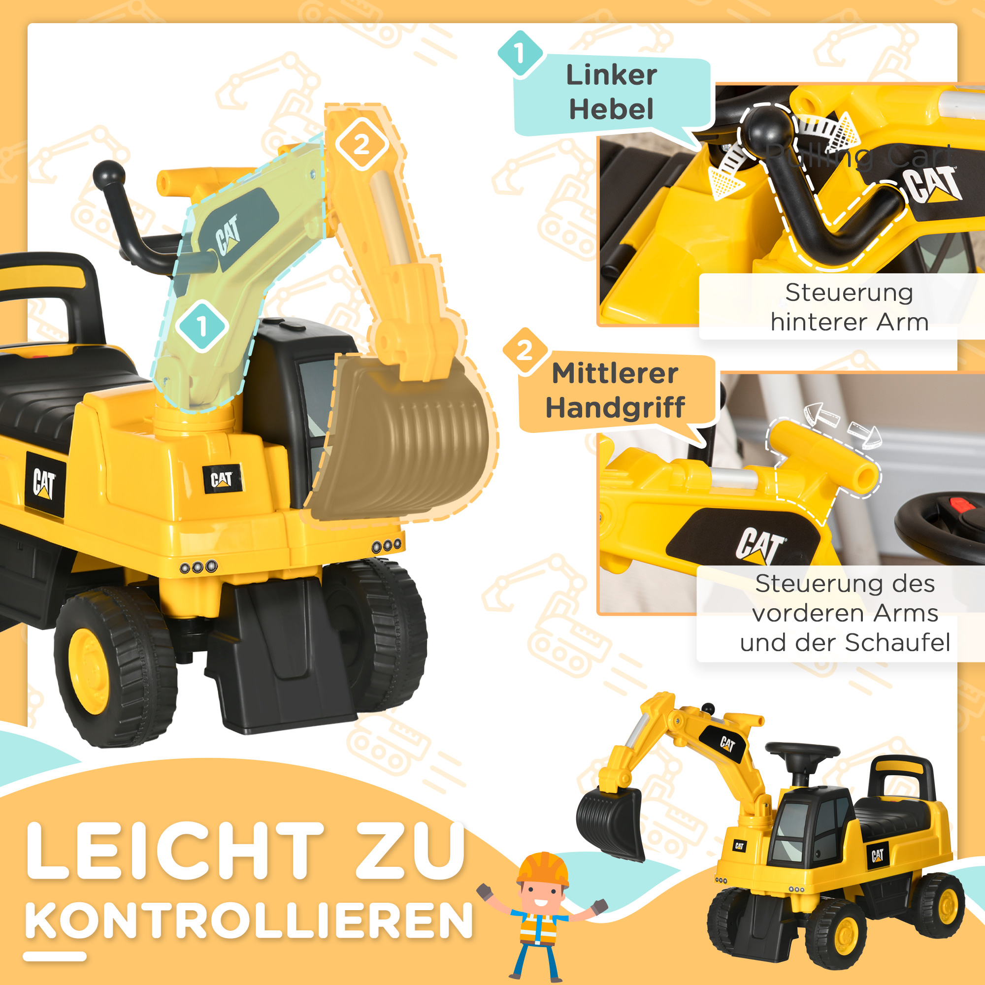 Kinderbagger, Rutscher, bedienbare Schaufel, Kippschutz, rutschfeste Räder, gelb+schwarz, 85 x 27,5 x 47,5 cm