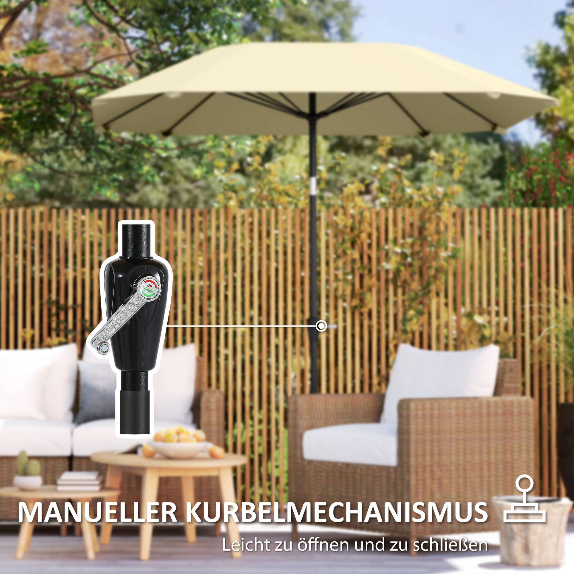 2,3 m Sonnenschirm ohne Basis, Verstellbarer Terrassenschirm mit Kurbel, Polyester, Aluminium, Fiberglas, Beige