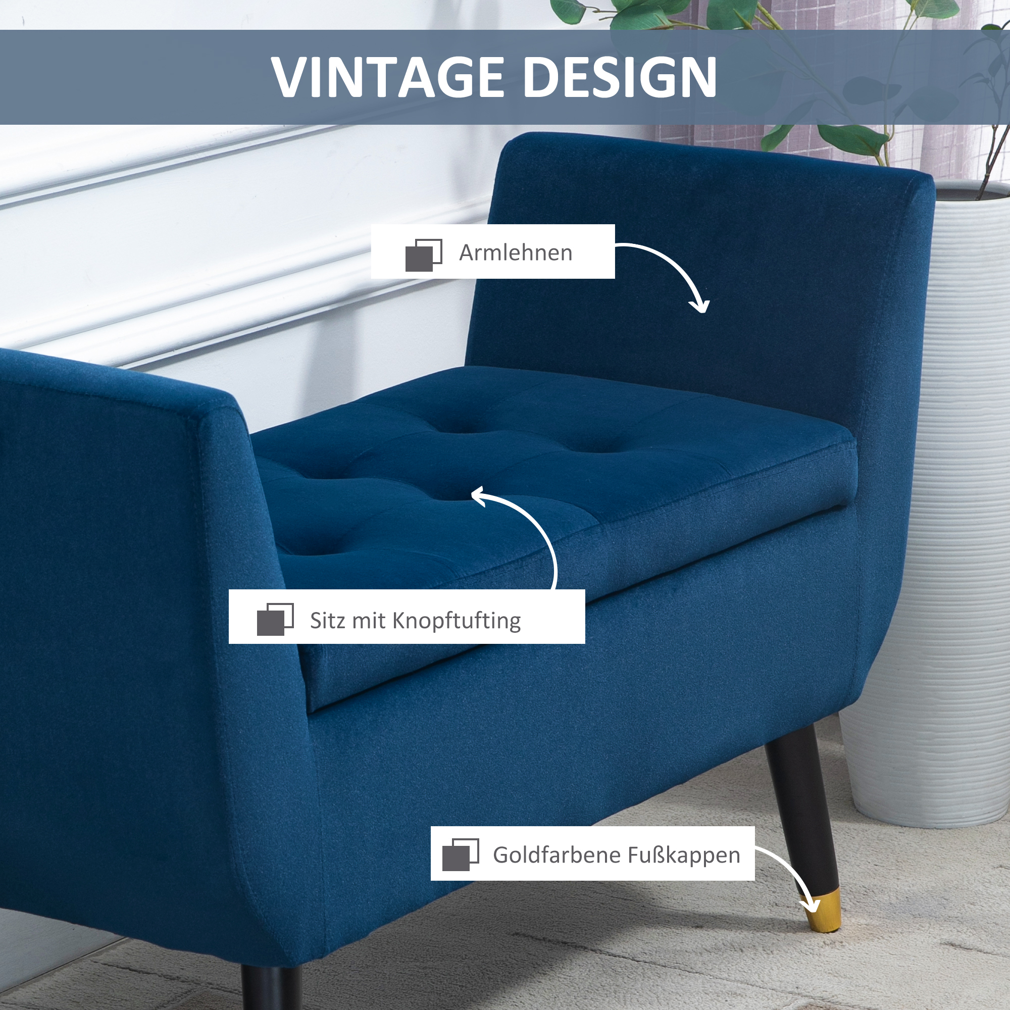 Sitzbank mit Stauraum Armlehnen Polsterbank mit Samtoptik, Sitztruhe mit Holzbeine, Truhenbank für Wohnzimmer Schlafzimmer Flur 107 x 42 x 65 cm, Blau