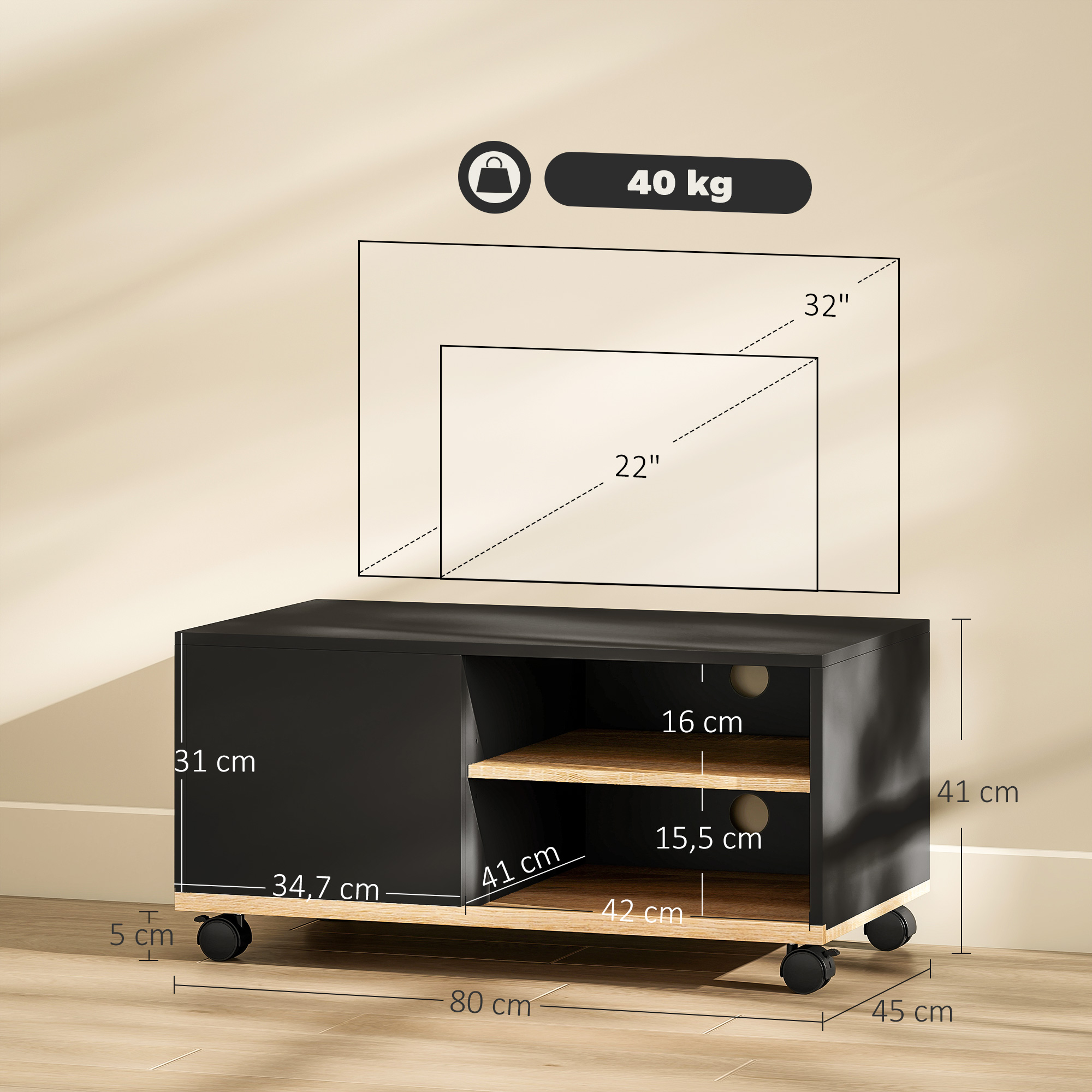 TV-Board auf Rollen mit Bremsen, TV-Möbel mit Schrank und verstellbarer Ablage, Schwarz und Eiche