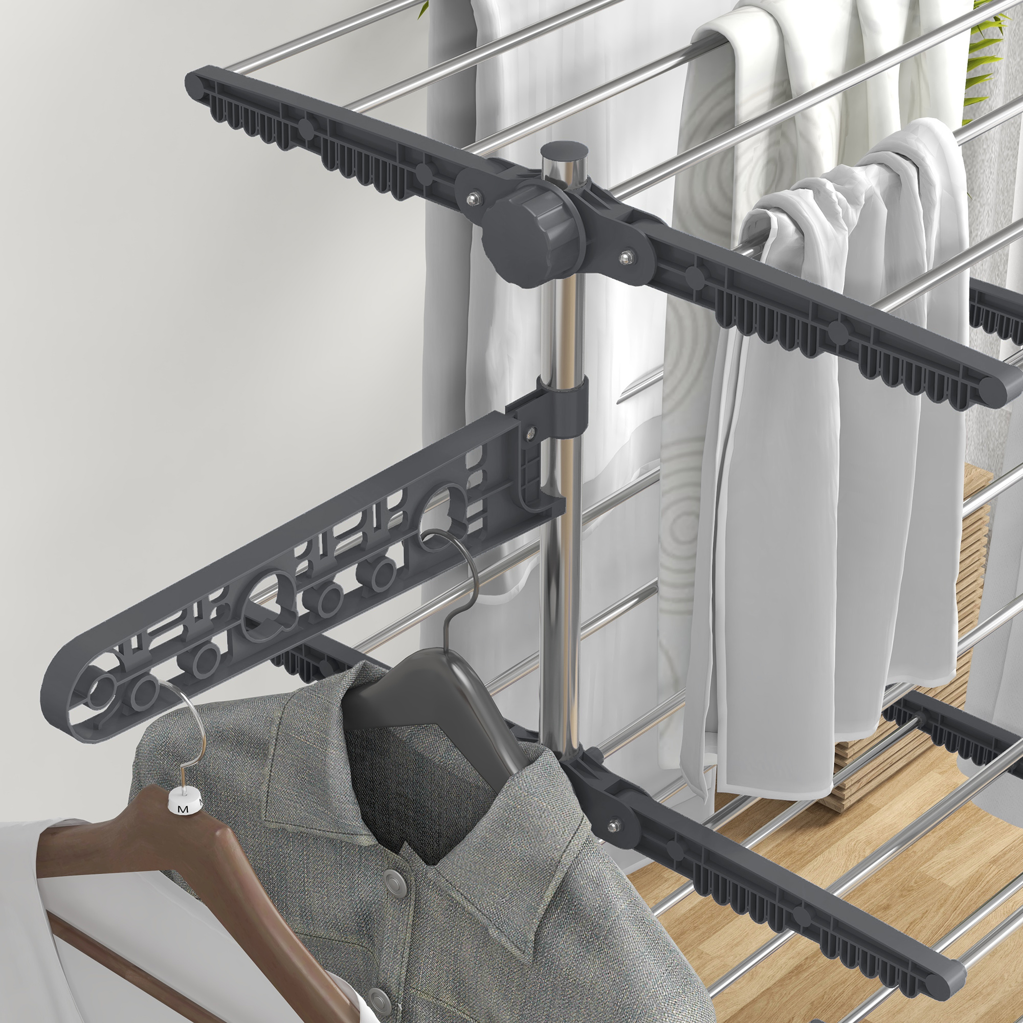 Wäschenständer Wäschetrockner 5 Ebenen, klappbar, One-Klick-System, 142 cm x 55 cm x1 72 cm, Grau + Silber