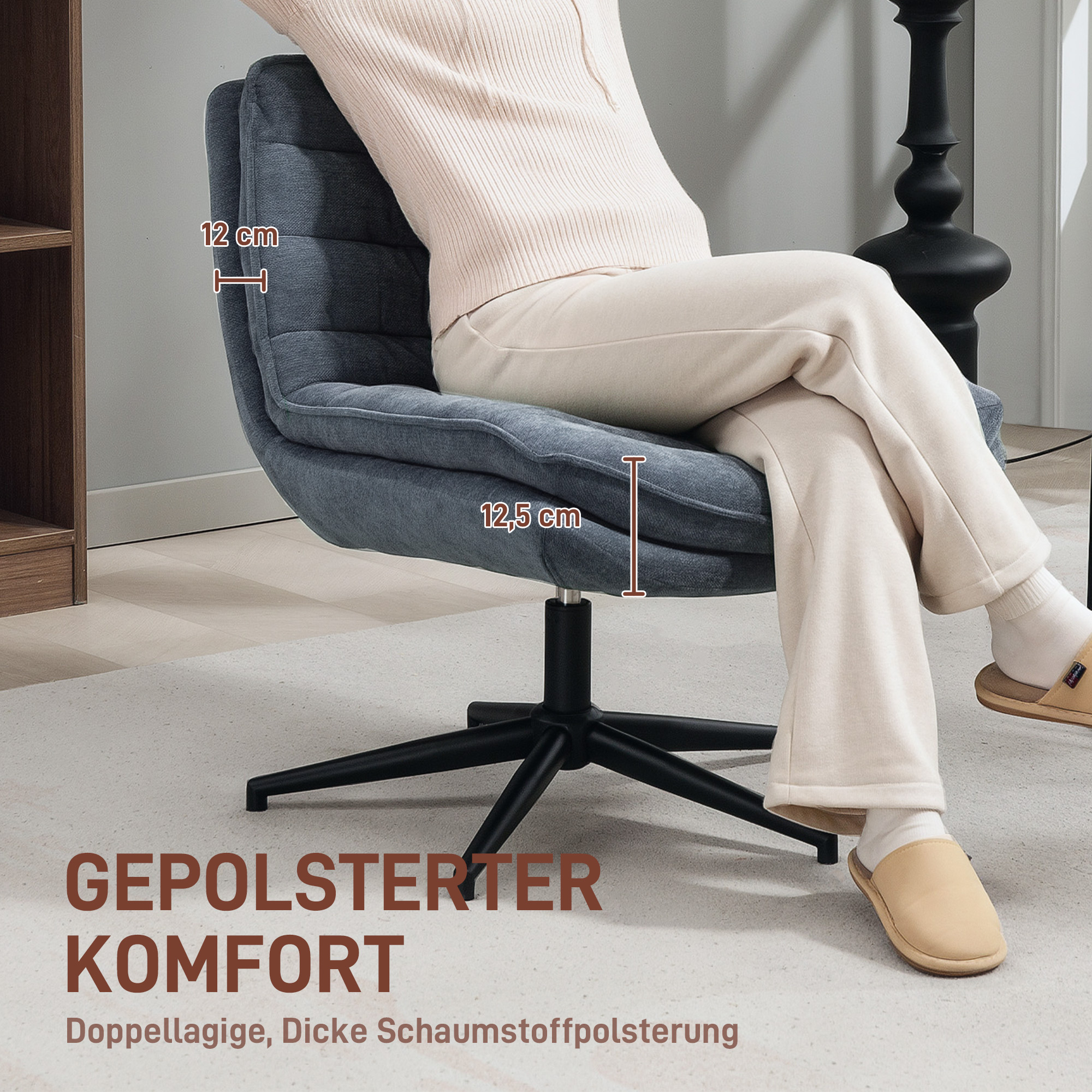 Drehbarer Bürostuhl mit breitem Sitz, Geräumiger Polsterstuhl fürs Büro, Arbeitszimmer, Dunkelgrau