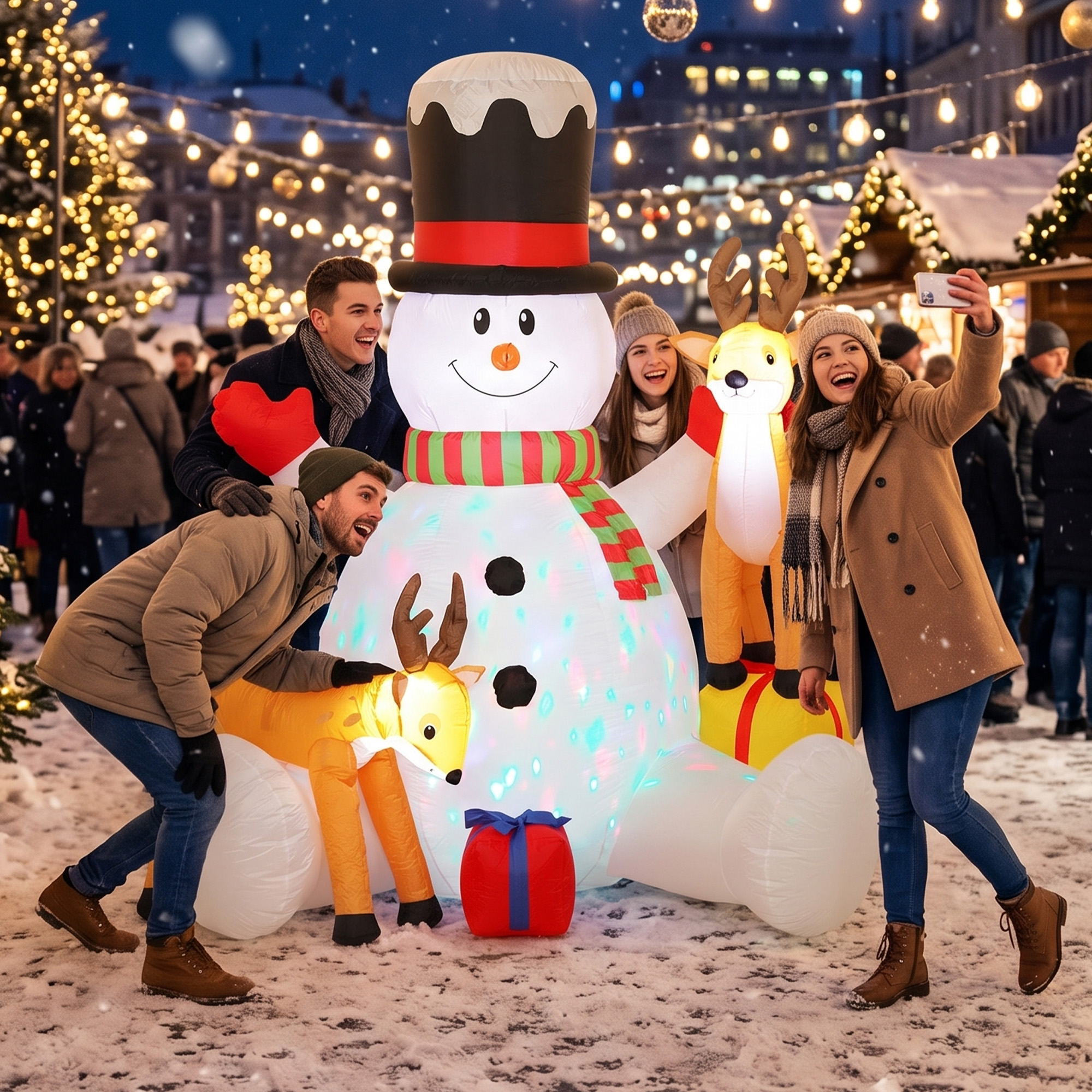 Aufblasbarer Weihnachts-Schneemann mit 2 Rentieren, 215 cm, für draußen, mit LEDs und Tasche