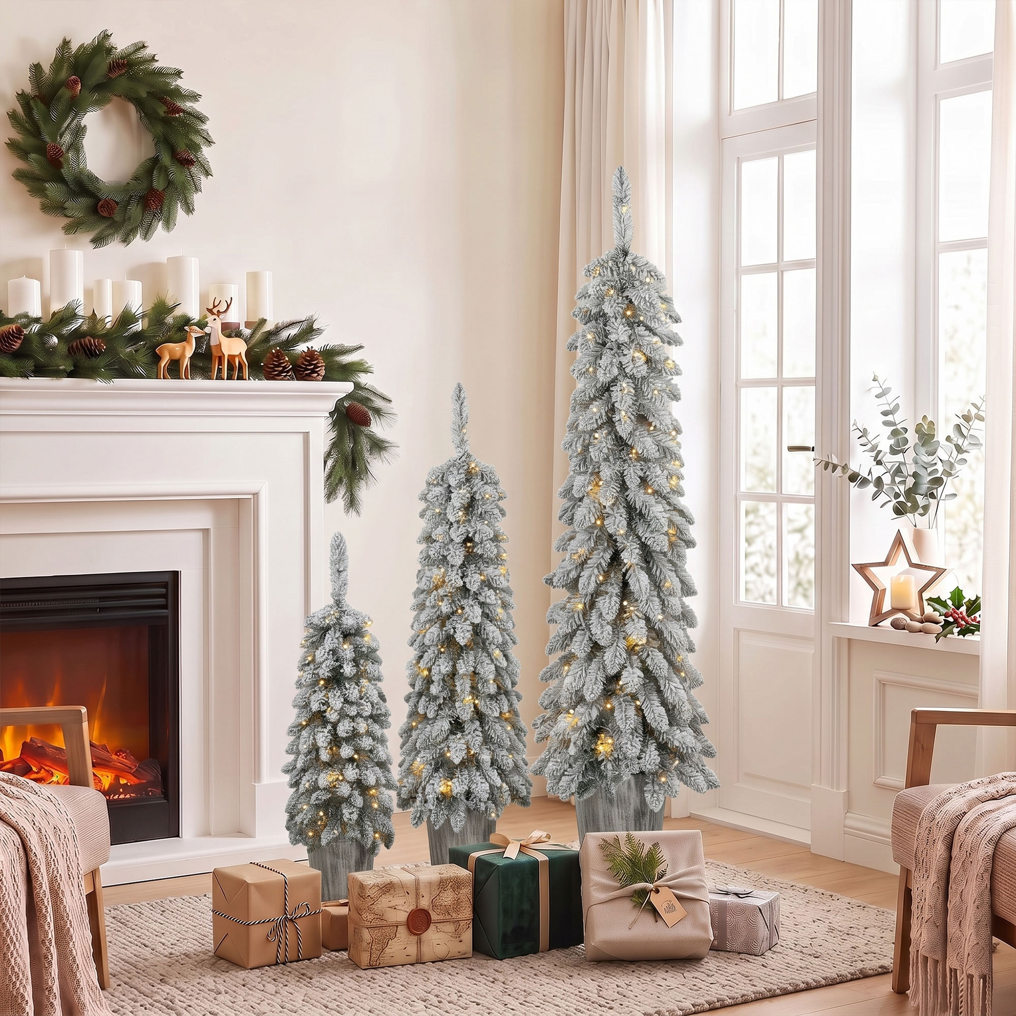 3er-Set beschneite künstliche Weihnachtsbäume, vorbeleuchtet mit PVC-Zweigspitzen und warmweißen LED-Lichtern
