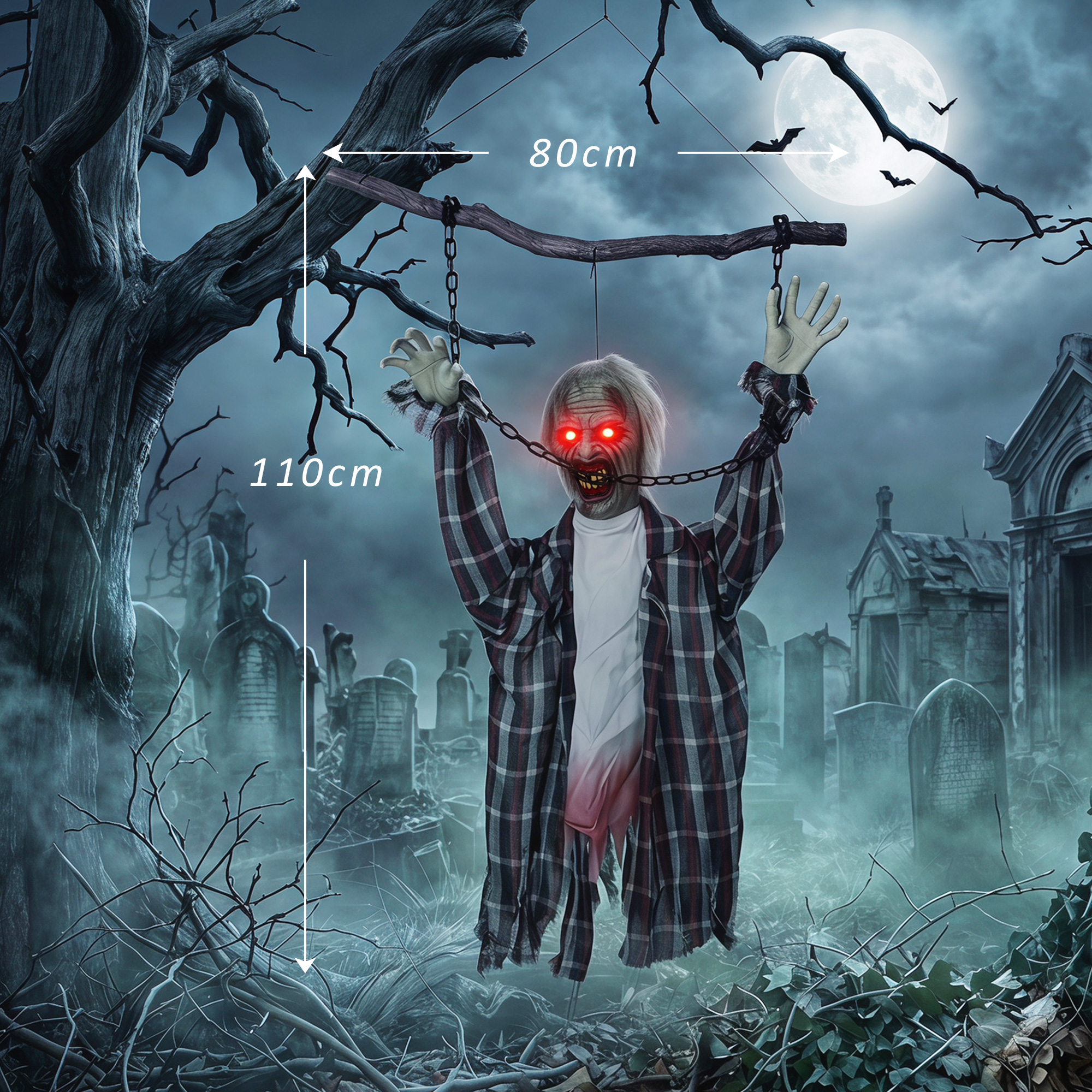110 cm animierte hängende Halloween-Deko, schreiender Zombie, Sound- & Berührungsaktivierung, rote LED-Augen