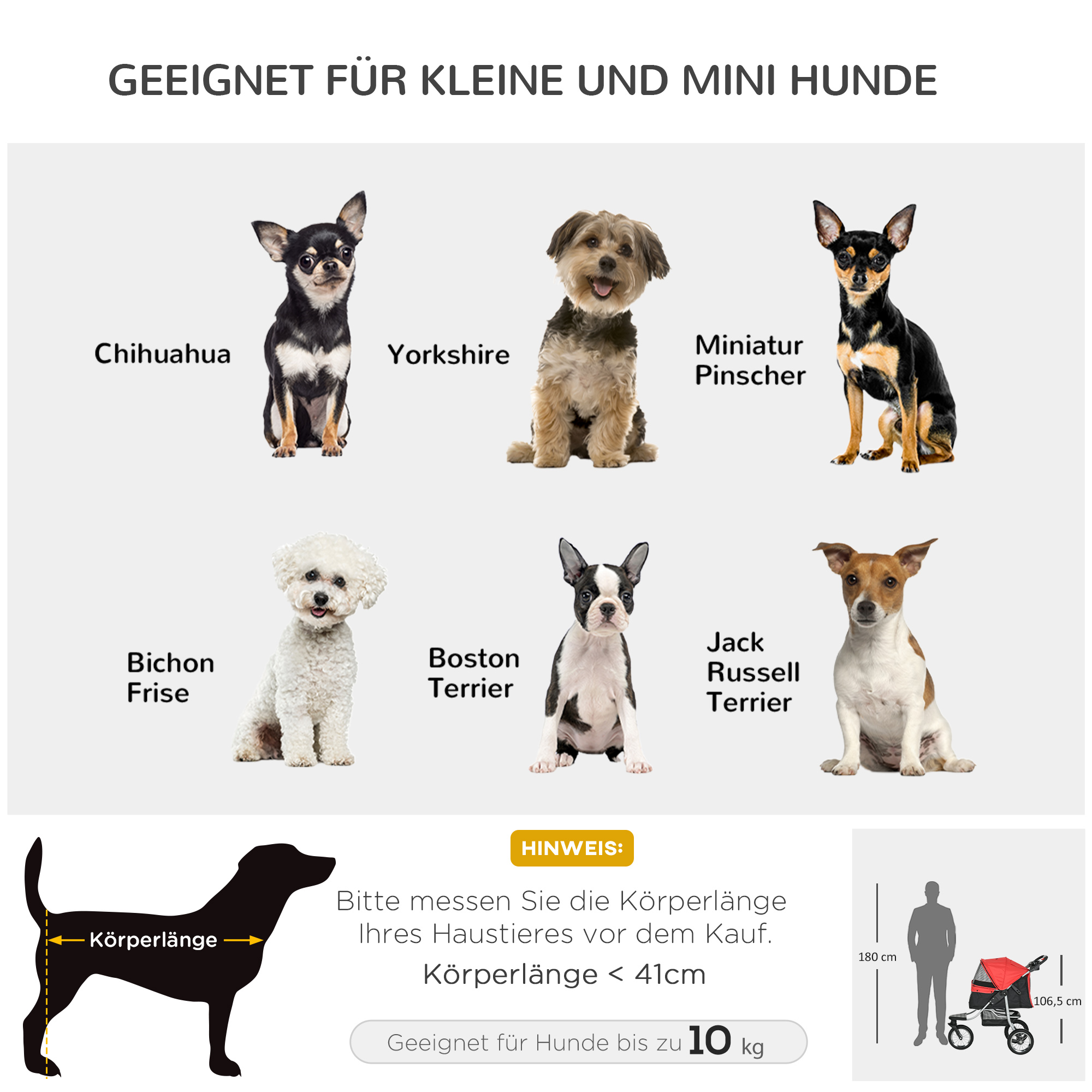 Hundewagen Hundebuggy mit 3 Rädern klappbar bis 10 kg Oxford Rot+Schwarz 109,5 x 54,5 x 106,5 cm