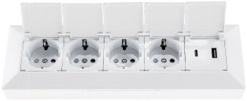 4-fach Steckdosenblock, USB-A+C, weiß, 250V~/ 16A, USB 3,1A, PD, mit Klappen
