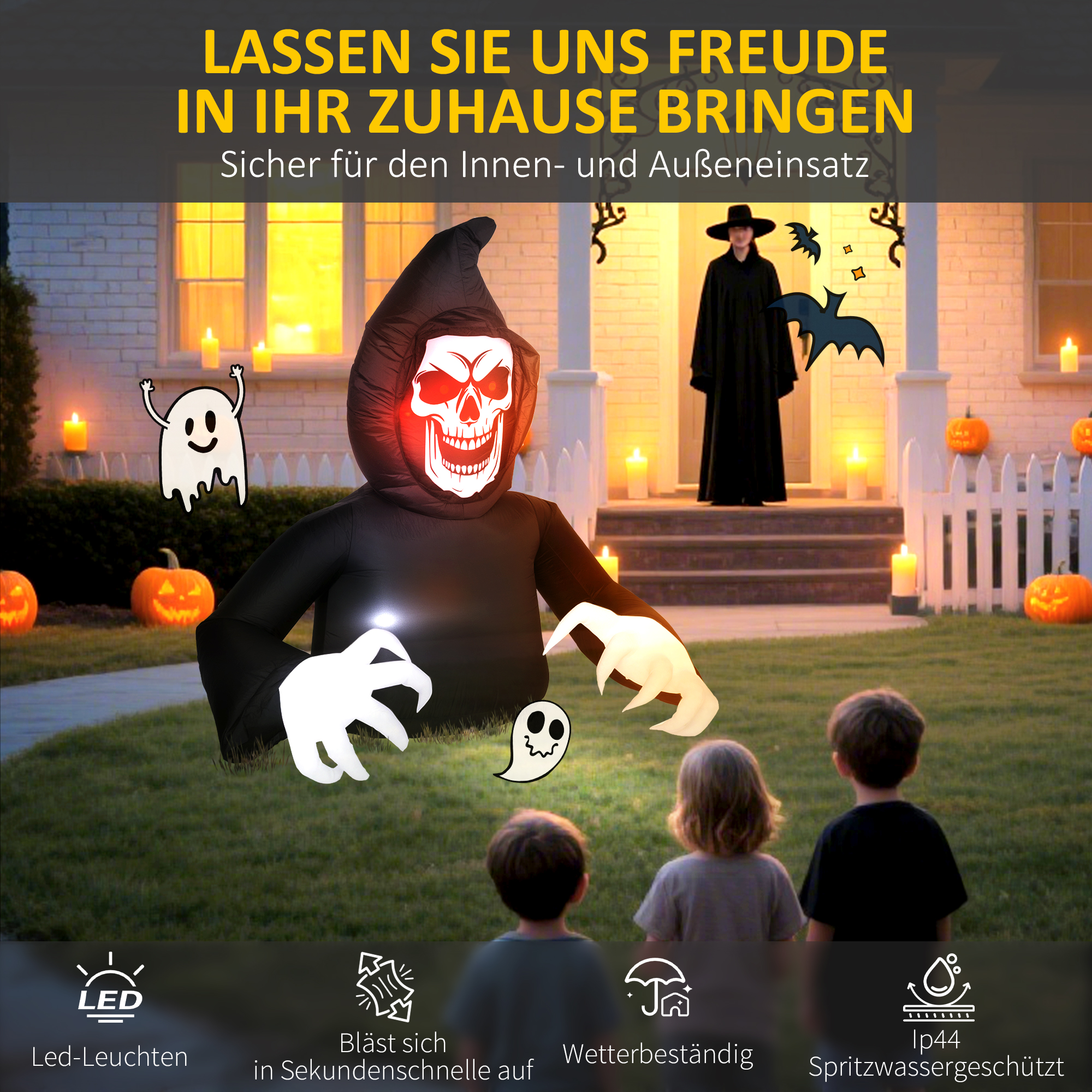 Aufblasbare Halloween-Dekoration, Sensenmann, LED-Leuchten, Gebläse, Kabel Aufblasbare Halloween-Dekoration, Sensenmann, LED-Leuchten, Gebläse, Kabel
