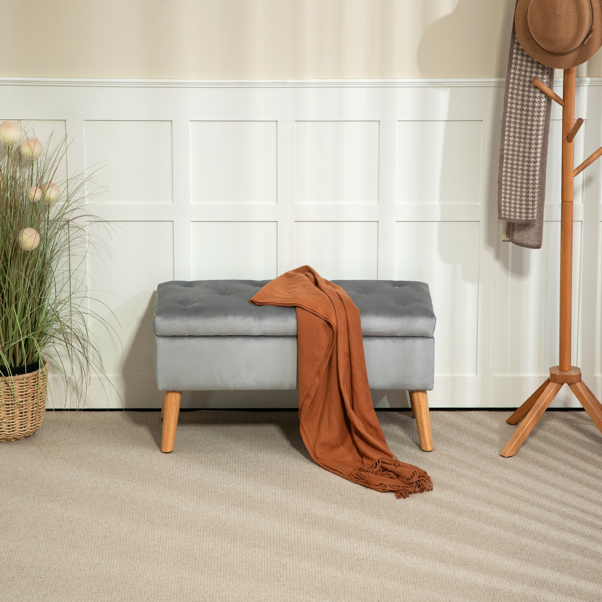 Polsterbank mit Stauraum, Stoffbezug in Samtoptik, Holzbeine, für Wohnzimmer, Schlafzimmer, Flur, 80 x 35 x 42 cm, Grau