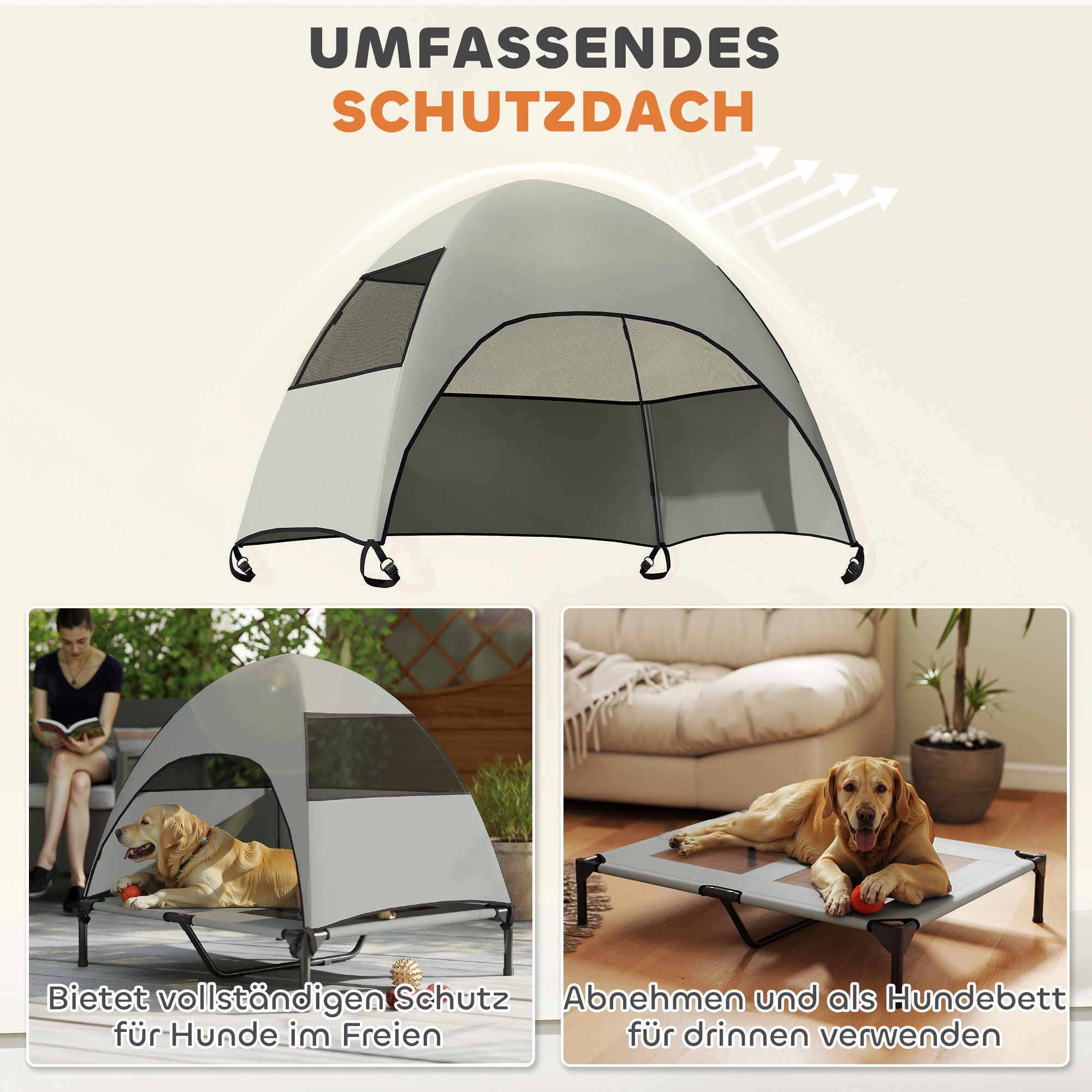 Hundeliege Outdoor mit Dach, erhöhtes Hundebett für Große Hunde, 91 x 76 x 90 cm, Hellgrau