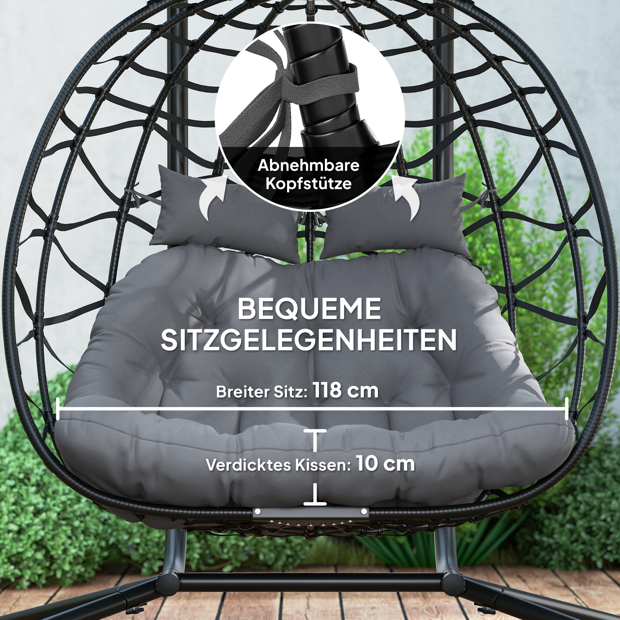 Hängestuhl, faltbarer Korbstuhl mit Kissen, Stahlrahmen, Sonnendach, bis zu 260 kg belastbar, Dunkelgrau