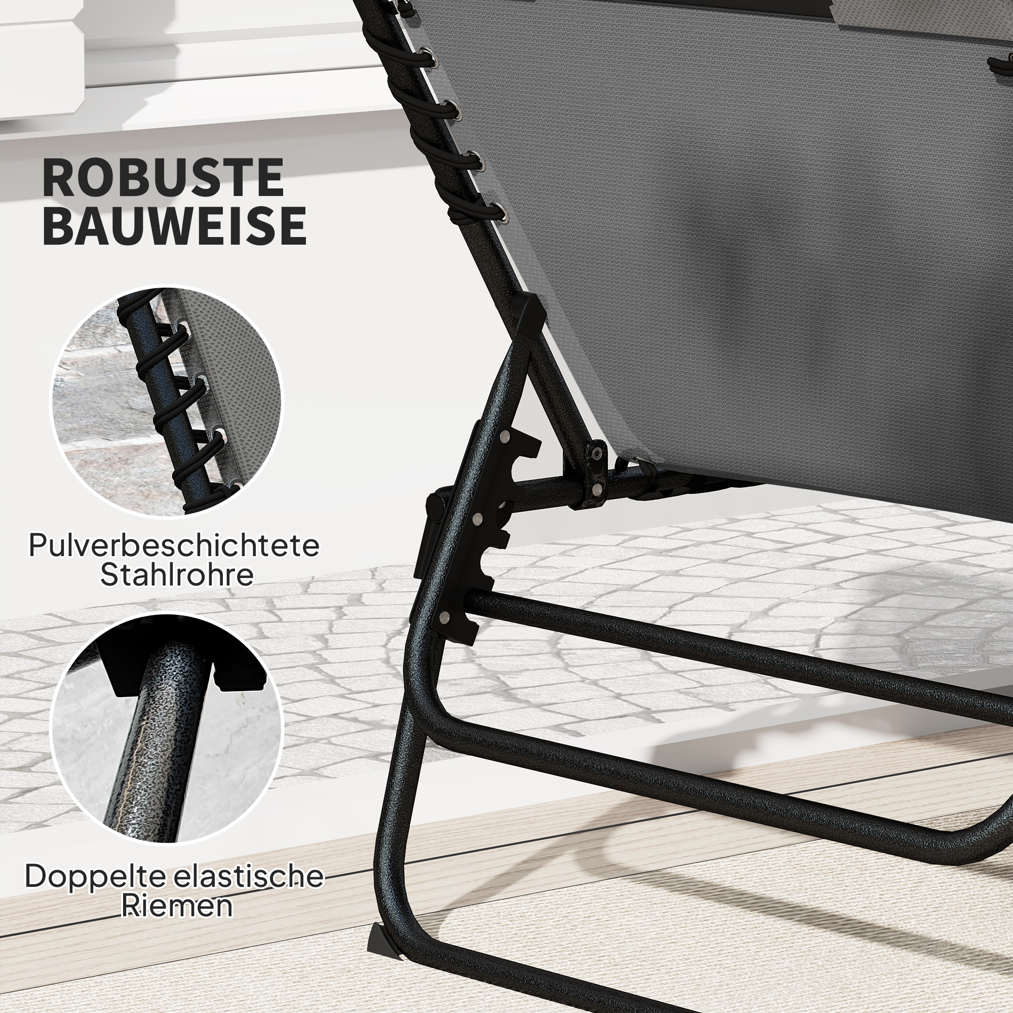 2er Set Sonnenliege klappbar Gartenliege mit Kopfkissen 5-Fach höhenverstellbarer Rückenlehne Seitentasche Dunkelgrau
