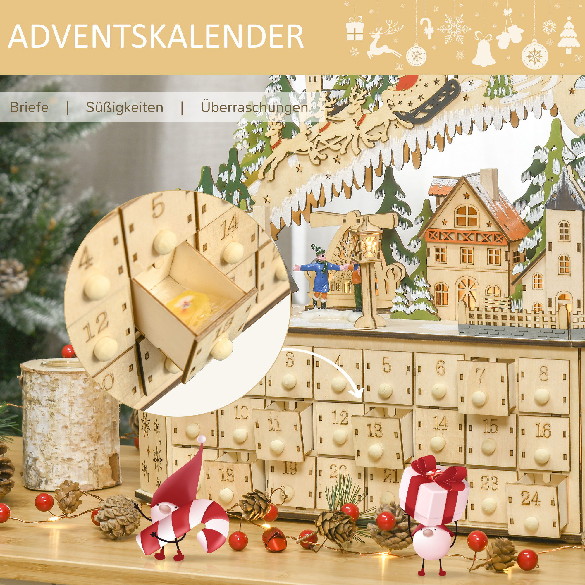Adventskalender Weichnachtsdekoration Weihnachtsdeko, 24 Schubladen, LED-Lichter, 39 cm x 9 cm x 42 cm, Weiß + Grün