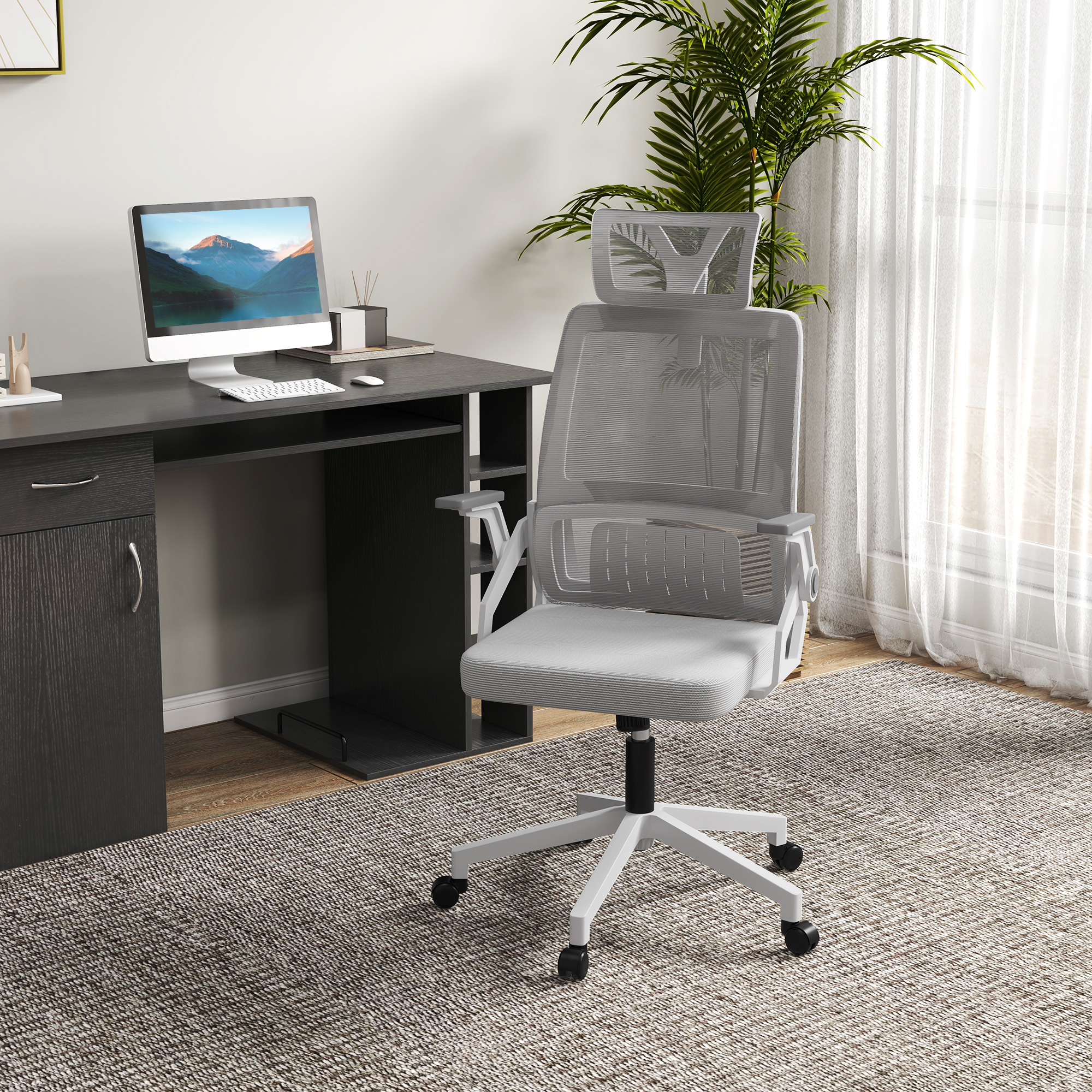 Bürostuhl Schreibtischstuhl Office-Stuhl, höhenverstellbar, 1 Kopfstütze, 58 x 61 x 119 cm. Schwarz