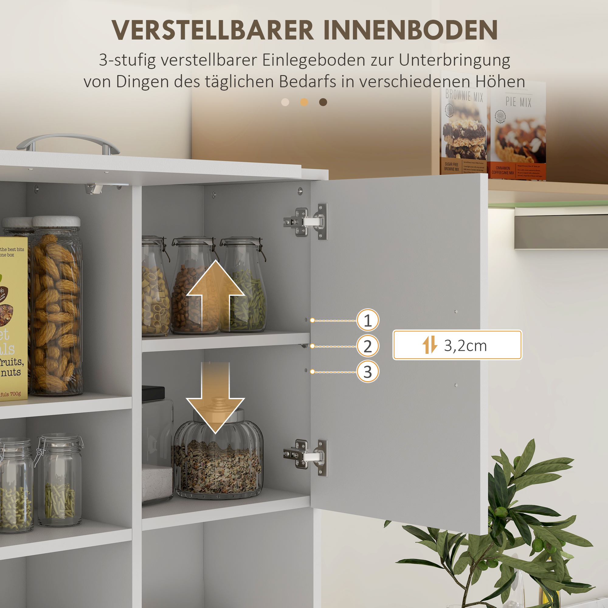 Küchenschrank, Buffet, 3 Schubladen, 3 Regale, viel Stauraum, 89x39,5x168cm, Weiß