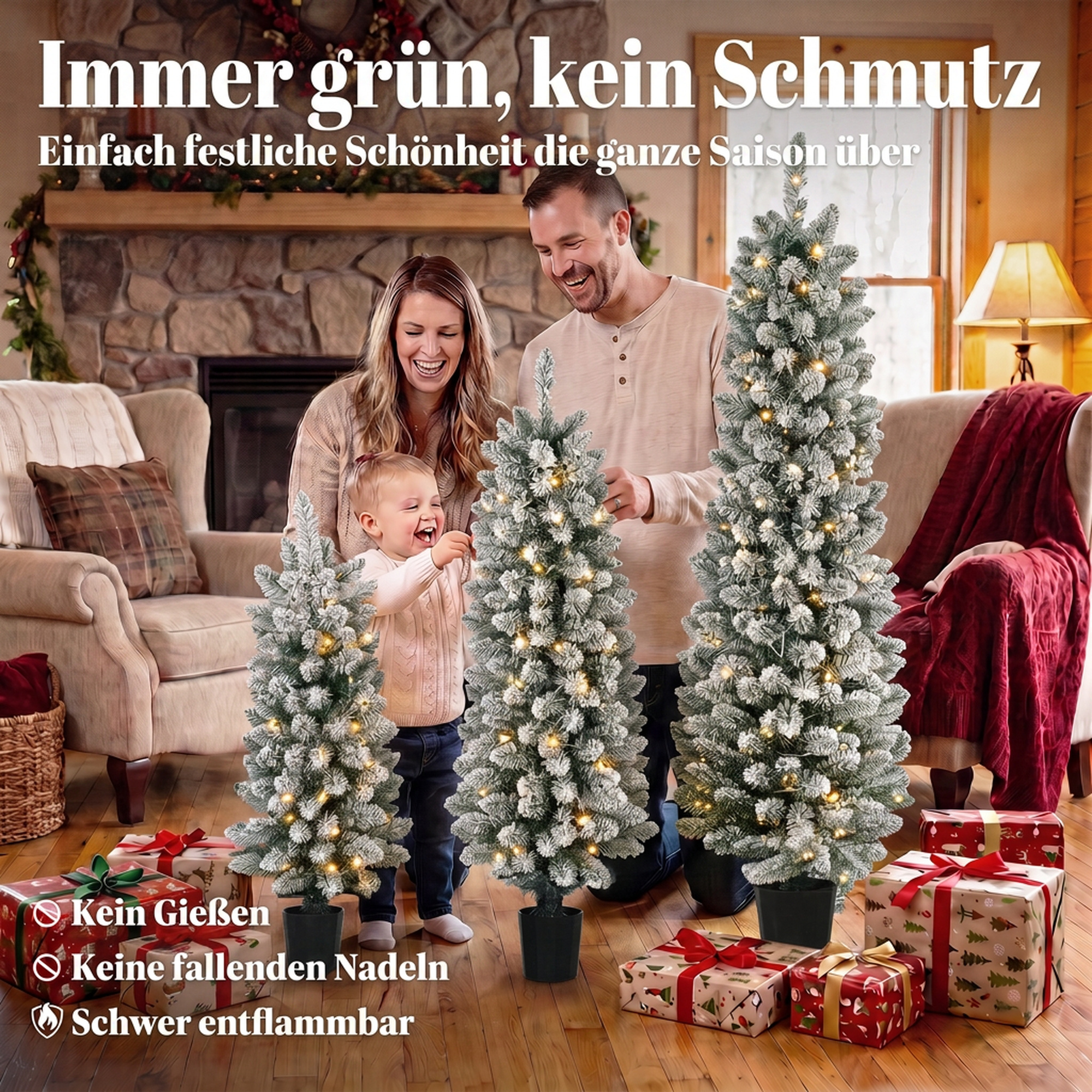 3er-Set schneebeflockte LED-Weihnachtsbäume, schmal, mit PVC-Zweigen, 90/120/150 cm