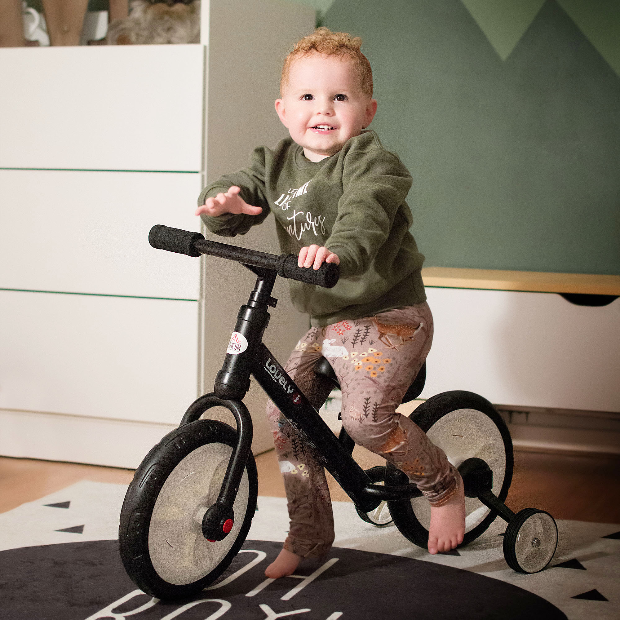 Kinder Laufrad, Lauflernrad, Kinderfahrrad, 2-in-1, Kinderrad mit Stützrädern und Pedalen, 2-5 Jahre, Sitzhöhenverstellbar, PP, Schwarz, 85 x B36 x H54 cm
