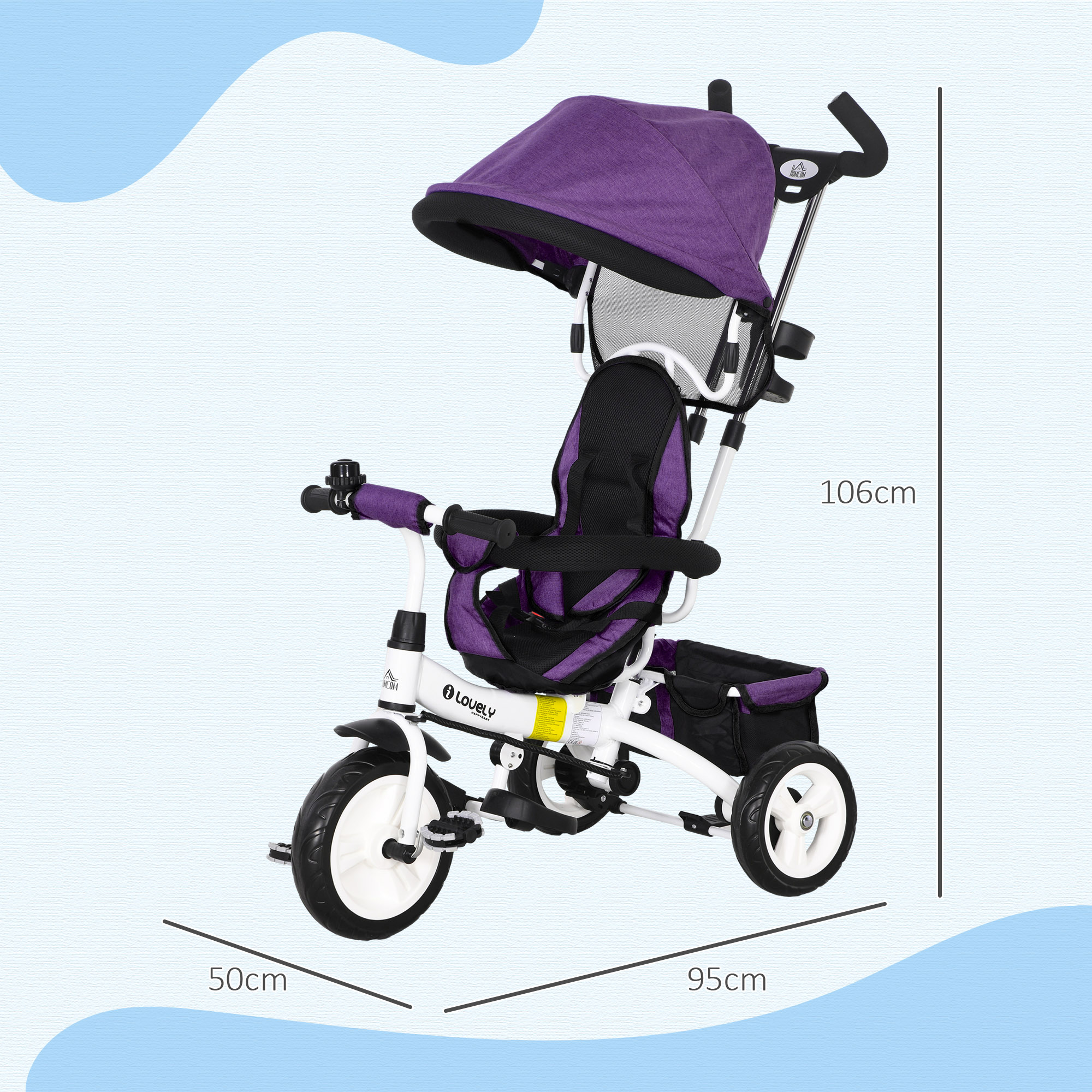 6-in-1 Kinderdreirad mit Schiebestange, Dach, Gurt, Ablagekorb, für 1-5 Jahre, Blau