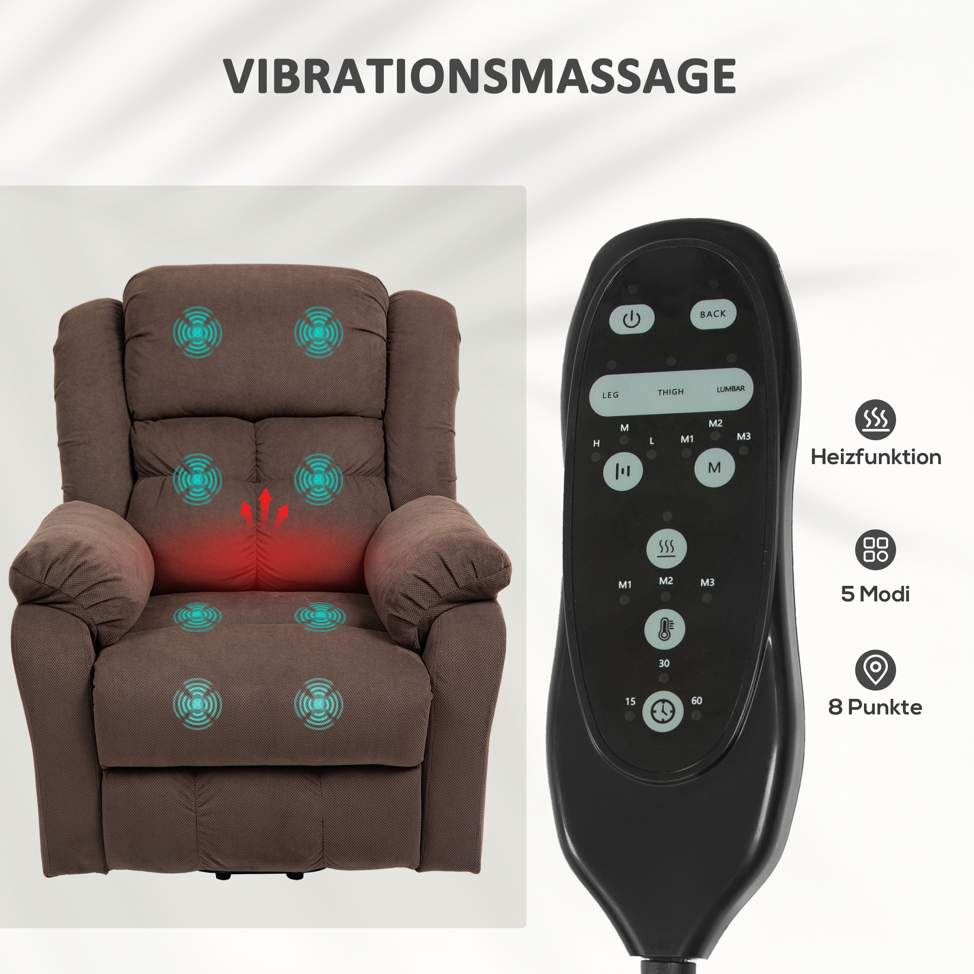 Aufstehsessel mit Massagefunktion und Lendenheizung, Recliner-Sessel mit Fernbedienungen und Seitentaschen, Dunkelbraun
