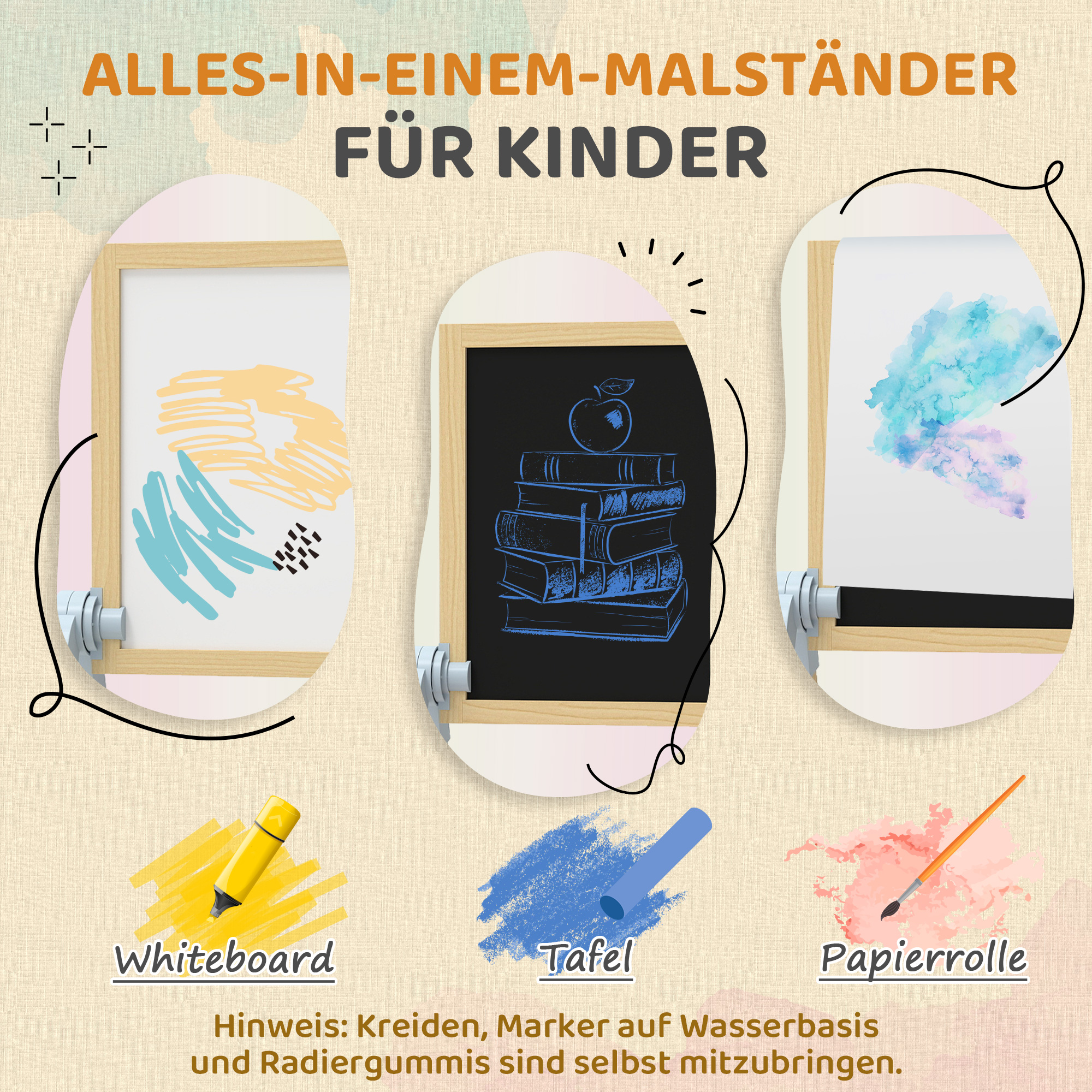 Kinder Staffelei aus Holz, Doppelseitige Whiteboard und Tafel Höhenverstellbar Standtafel mit Papierrolle, Ablage, Natur