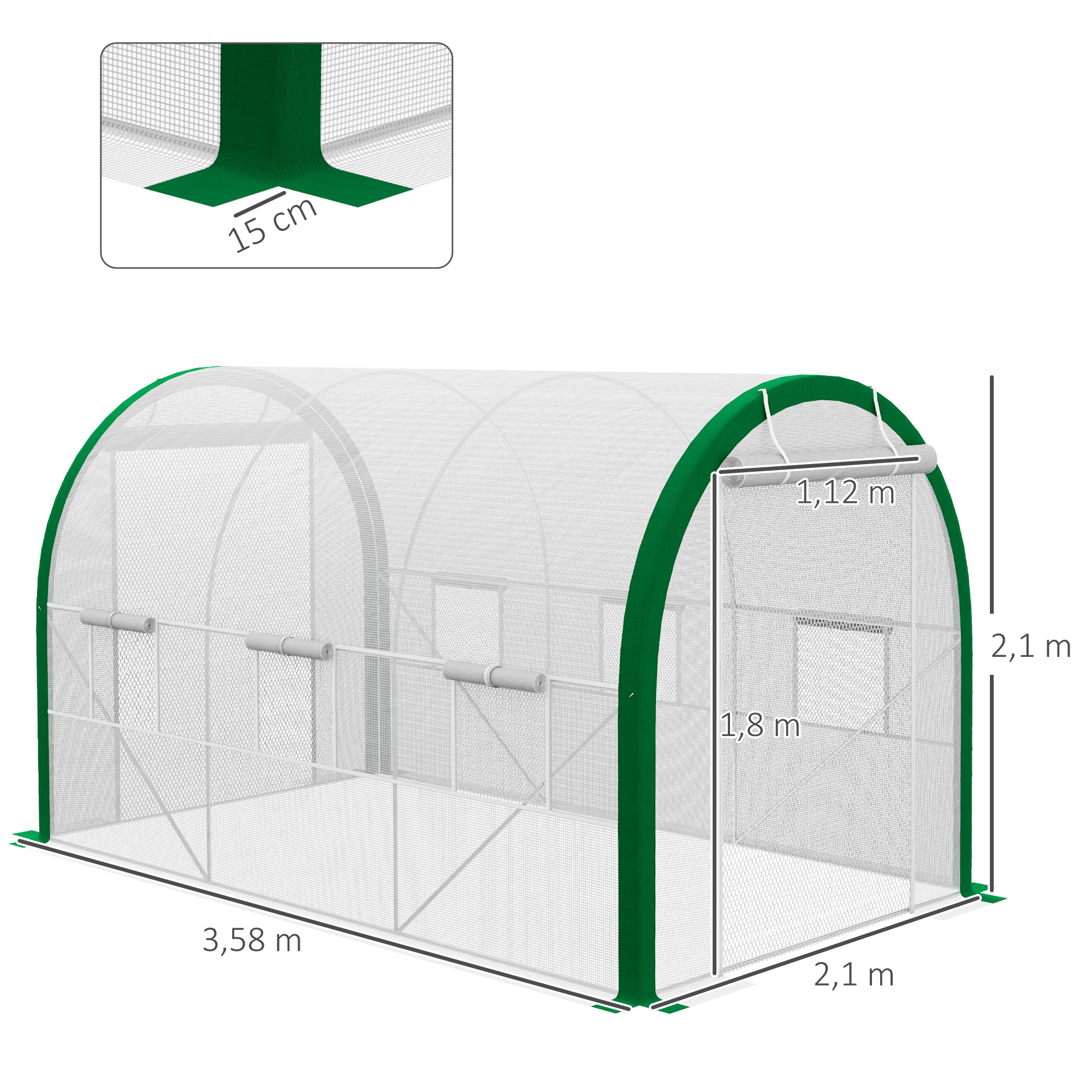 Tunnel-Gewächshaus, Treibhaus, Reißverschlusstüren, Netzfenster, Metallrahmen, 3,5 x 2 x 2m, Weiß