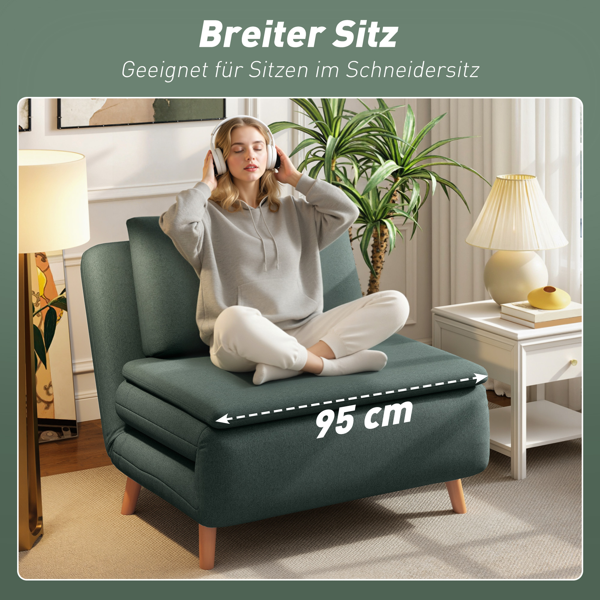 3-in-1 Schlafsessel mit Bett-Funktion, Liegesessel, verstellbare Rückenlehne, Buchenholzbeine, Kissen, Dunkelgrün